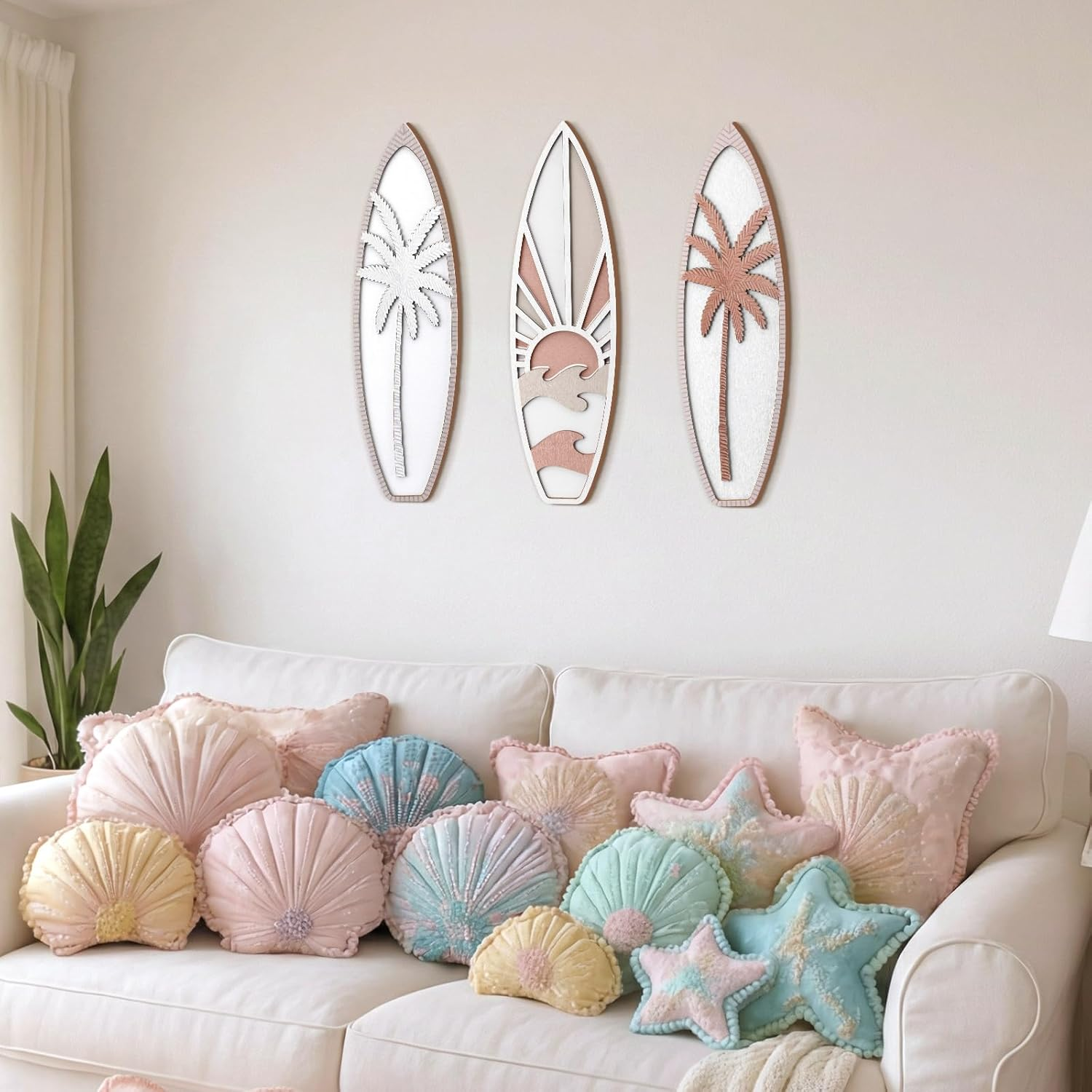 Rattanview 3 Pieces Surfboard Decor for Bedroom Wooden Beach Wall Decor Summer Wood Surfboard Wall Hanging Sign for Tropical Living Room Decoration (Coconut Tree,Boho Color) - As Picture Shown image number 6