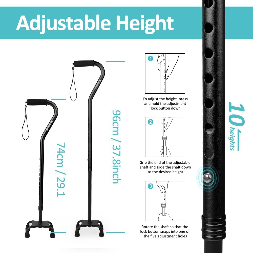 Quad Walking Stick, Adjustable Walking Cane with Offset Soft Cushioned Handle for Men & Women, Lightweight Comfortable with 4-Pronged Foot for Extra Stability image number 5
