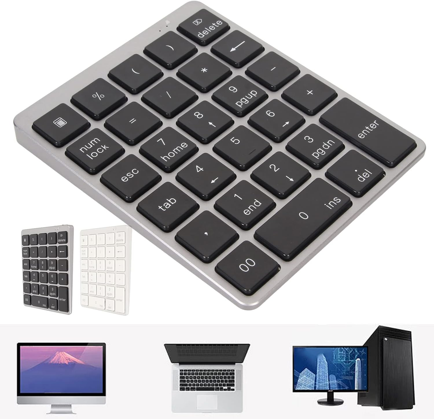 Portable 28-Key USB Numeric Keypad with Rechargeable Bluetooth​​, Thin Aluminium Number Pad for Laptop PC, Dark Grey - Dark Gray image number 5