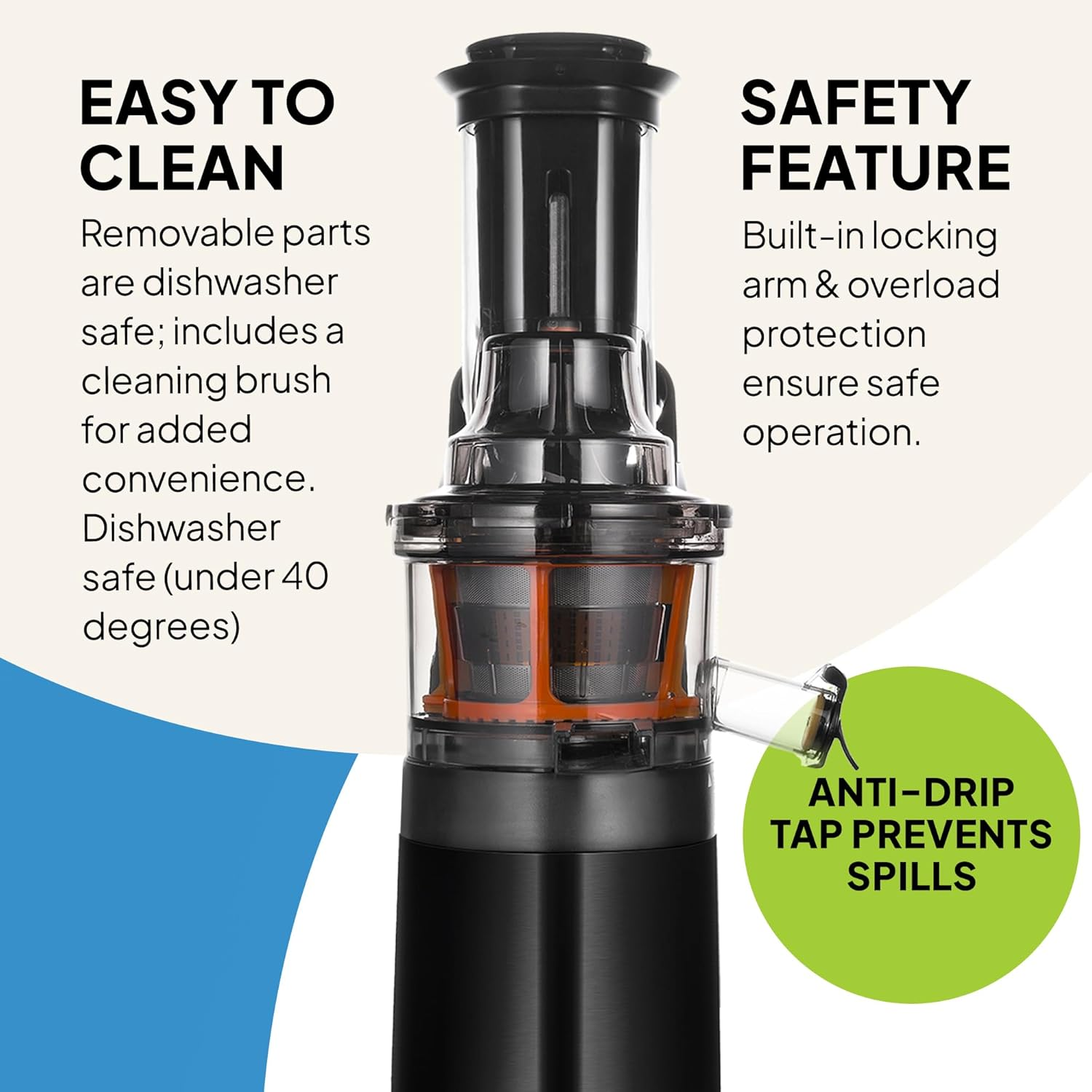 Fridja F1900 Cold Press Juicer, 240W Masticating Slow Juicer with 78Mm (3&rdquo;) Bpa-Free Wide Chute, Black Stainless Steel Body, Juice, Vegan Nut Milks, Sorbet, Ice Cream, Easy to Clean