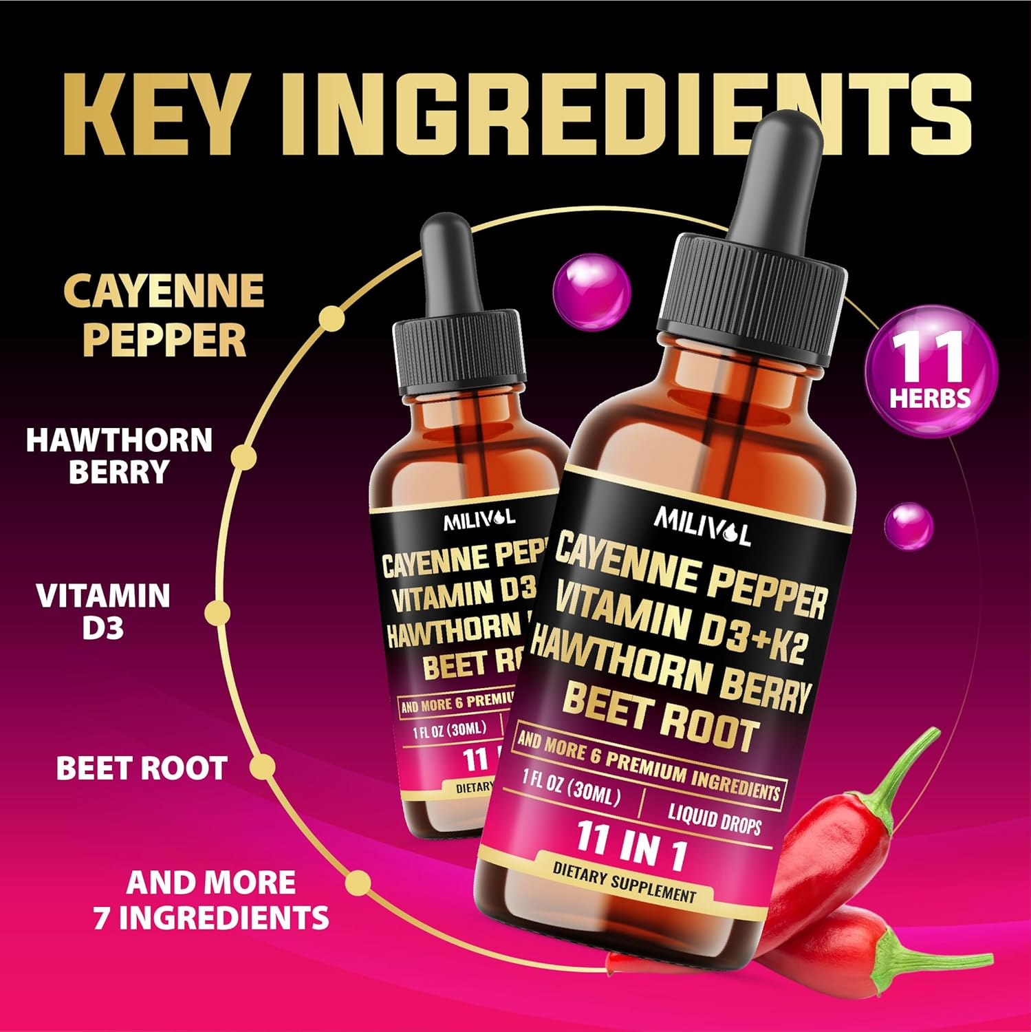 11In1 Cayenne Pepper Liquid Drops with Vitamin D3, K2, Berberine, Bitter Melon, Turmeric & More &ndash; for Health Support &ndash; 1 FL Oz &ndash; 60 Days Supply image number 2