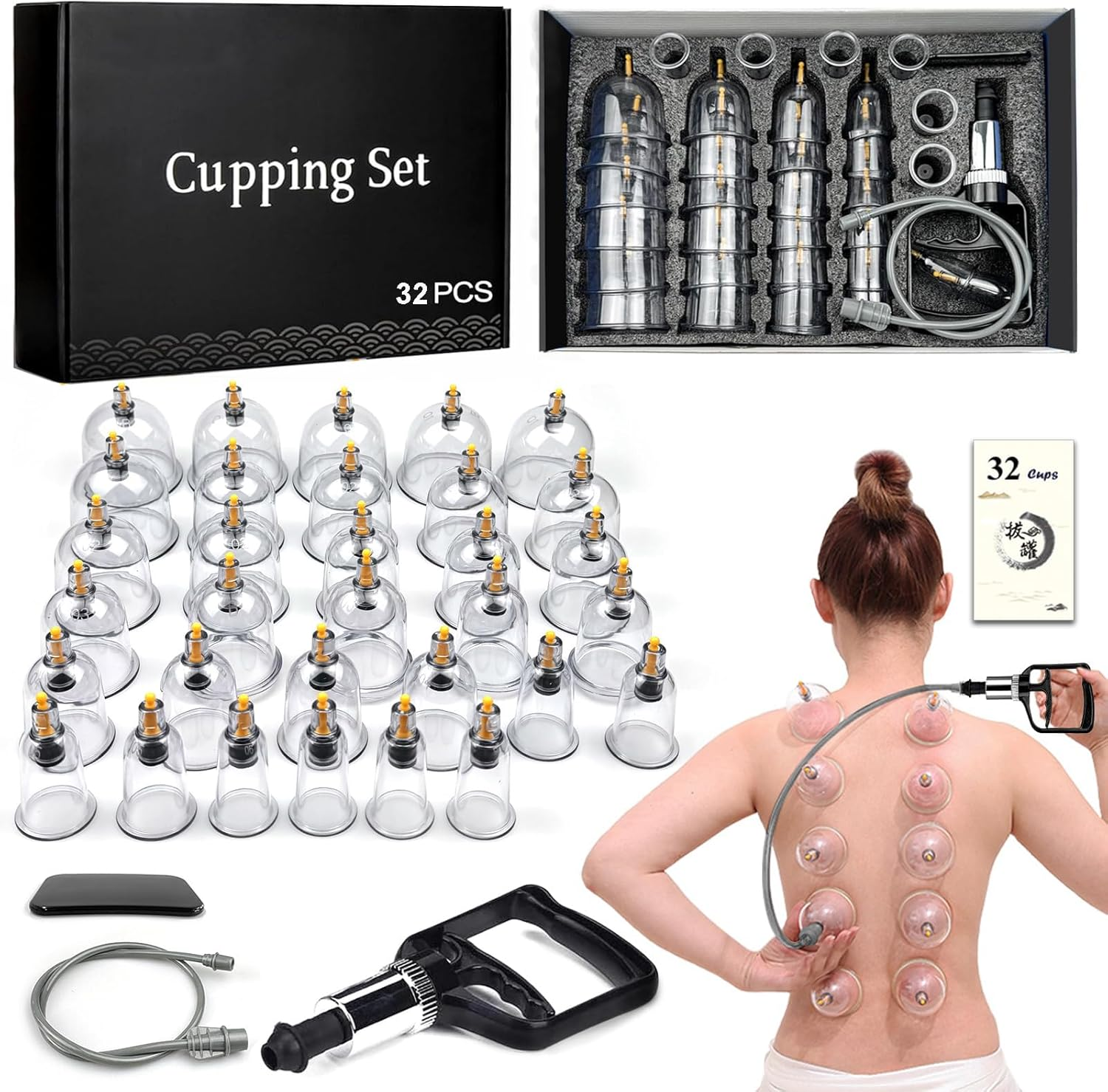 32X Cuping Therapy Set, Vacuum Cupping Set Suction Massager Kit with Pump, Massage Acupuncture Pain Relief, Professional Chinese Acupoint Cupping Therapy Sets Hijama for Cupping Massage, Muscle&Joints