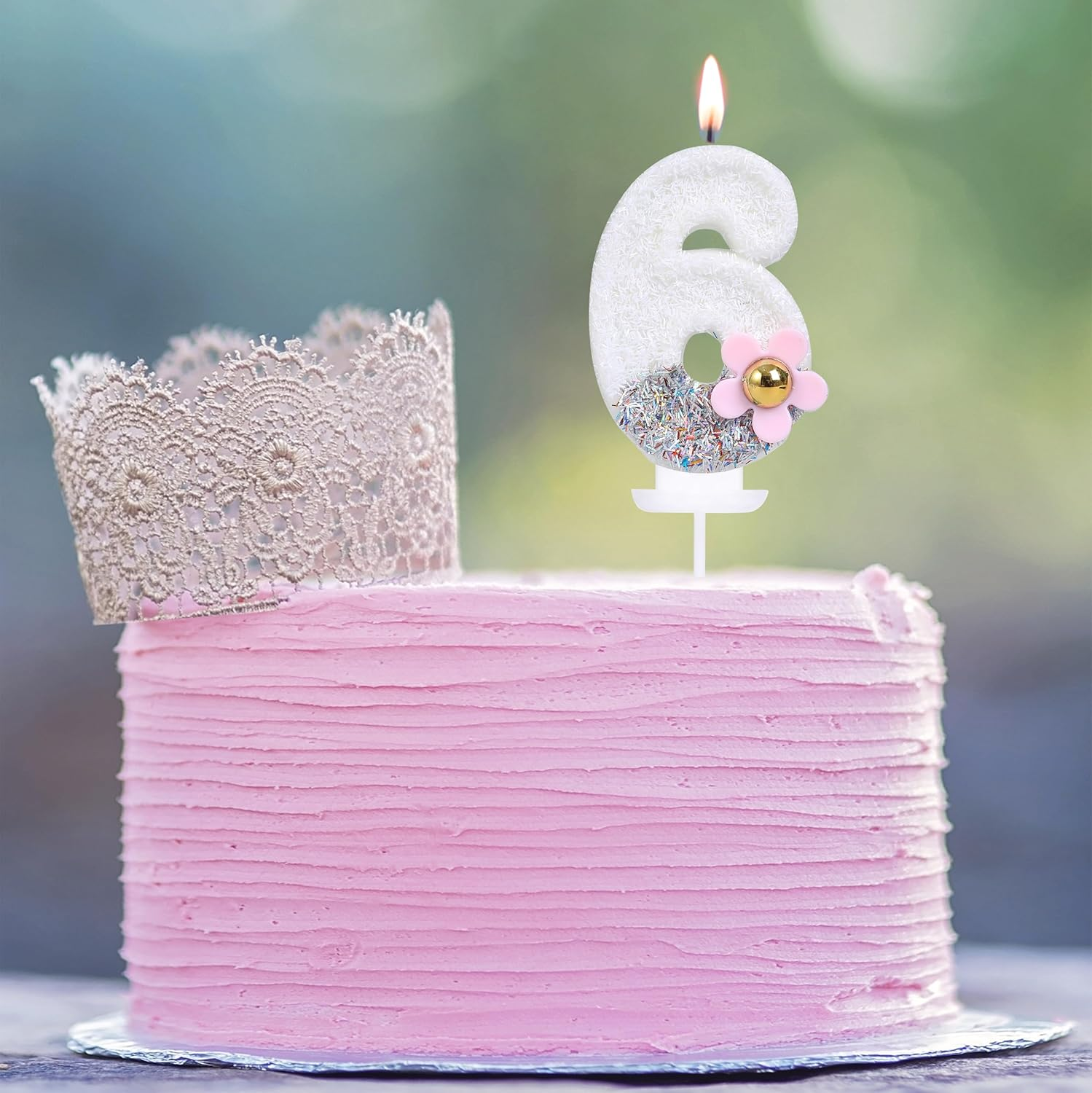 6 Birthday Candle with 3D Pink Daisy, Silver and White Color-Blocked Sequins Number 6 Candle for Birthday Cake Girl Kids Happy 6Th Birthday or Anniversary Party Cake Decorations image number 3