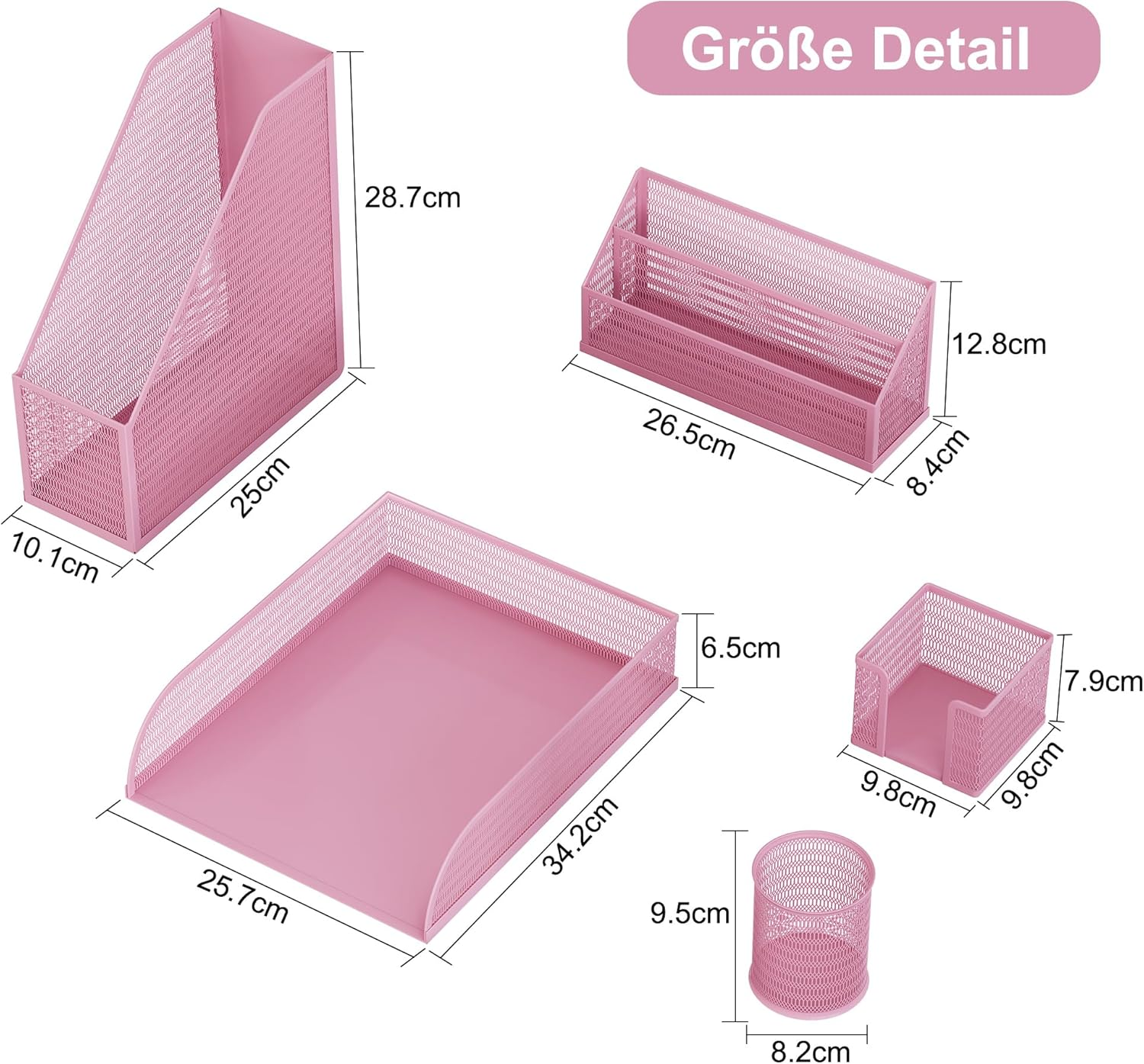 Solinxe Desk Organiser Set Made of Metal - Document Tray A4 Paper Letter Tray Pen Holder Letter Holder and Sticky Note Holder, Pink