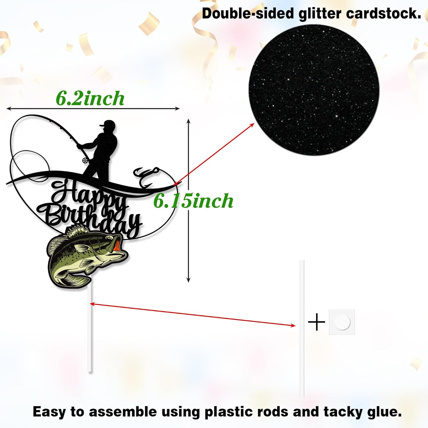 Fisherman Birthday Cake Topper, Angler Shakes His Rod and Catches a Big Fish Cake Topper, Double Sided Glitter image number 6