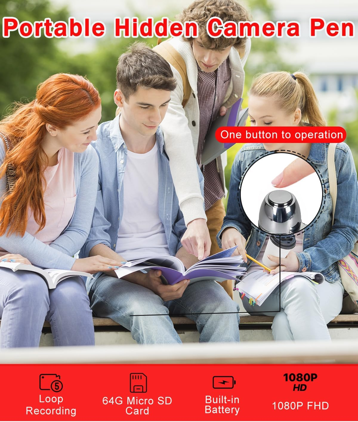 1080P Nanny Camera Pen, 64G Body Camera, Rechargeable Portable Pocket Cam, Security Cameras for Business & Learning