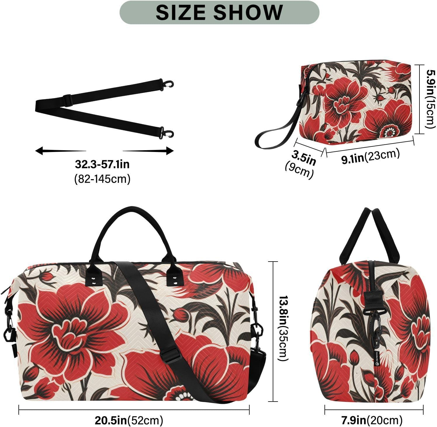Red Flowers Abstract Retro Travel Tote Bag Travel Weekender Gear Bag Gym Bag with Toiletry Bag for Trip Waterproof, Red Flowers Abstract Retro, 1 Size image number 1