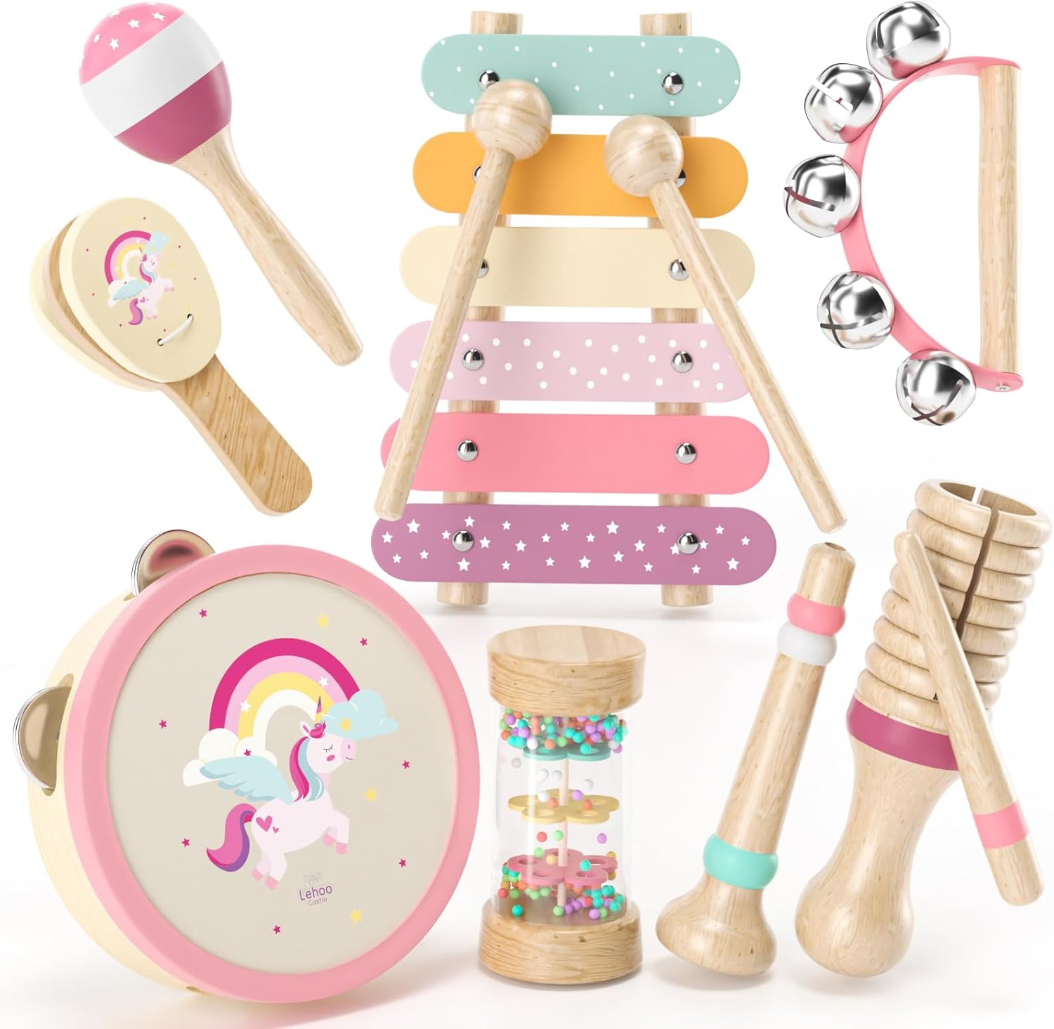 Lehoo Castle Wooden Montessori Musical Instruments Set, Toddler Toys with Xylophone, Tambourine, Drum, Clarinet, Hand Bells, Unicorn Theme image number 6