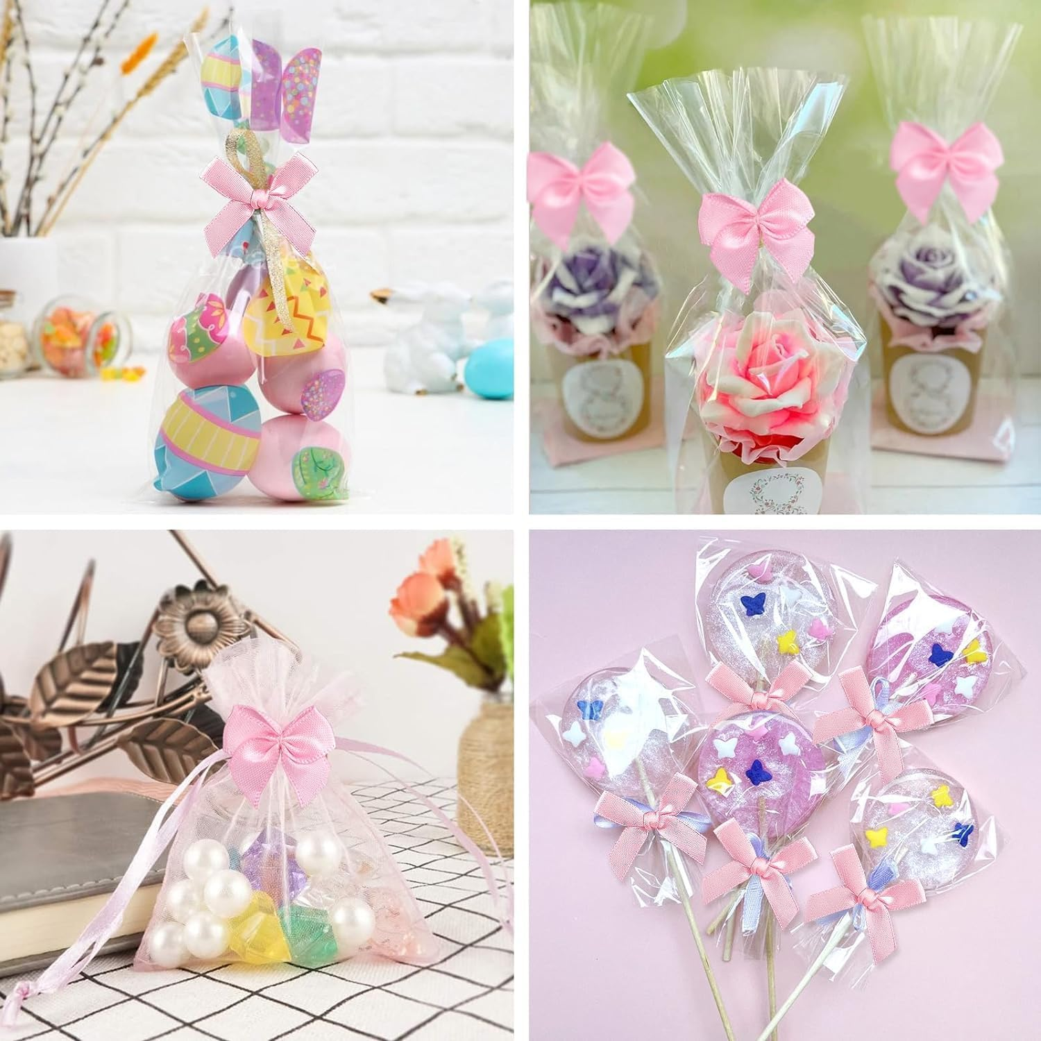 300Pcs Mini Pink Ribbon Bows, Small Pre-Tied Bows for Gift Wrapping, 1.5 Inch Satin Ribbon Bow Flowers for DIY Crafts, Birthday Party, Wedding Decor