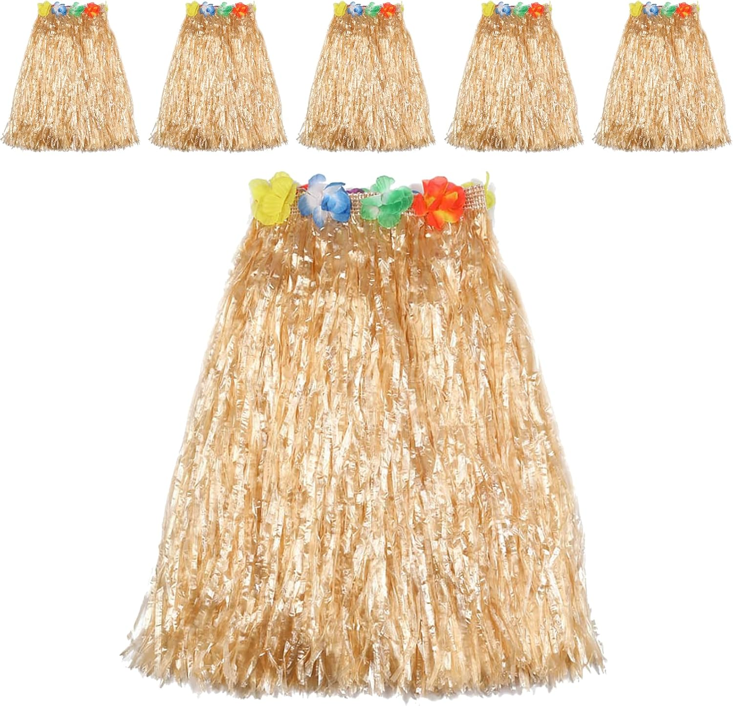 Homiliky 6 Pcs 40Cm Hula Grass Skirt Hawaiian Leis Dance Dress Set with Flower,Elastic Skirt Golden Straw Color for Hawaiian Aloha Beach Summer Party Supplies image number 2