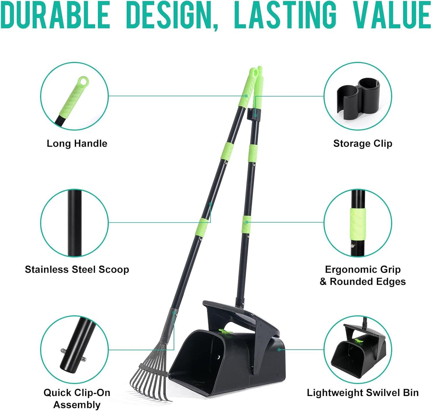 Long Handle Pooper Scooper with Swivel Bin & Rake - 97Cm Adjustable Dog Waste Poop Scoop - Includes 20 Bags - No Bend Design for Grass, Gravel & Yard - Heavy Duty & Rustproof image number 3