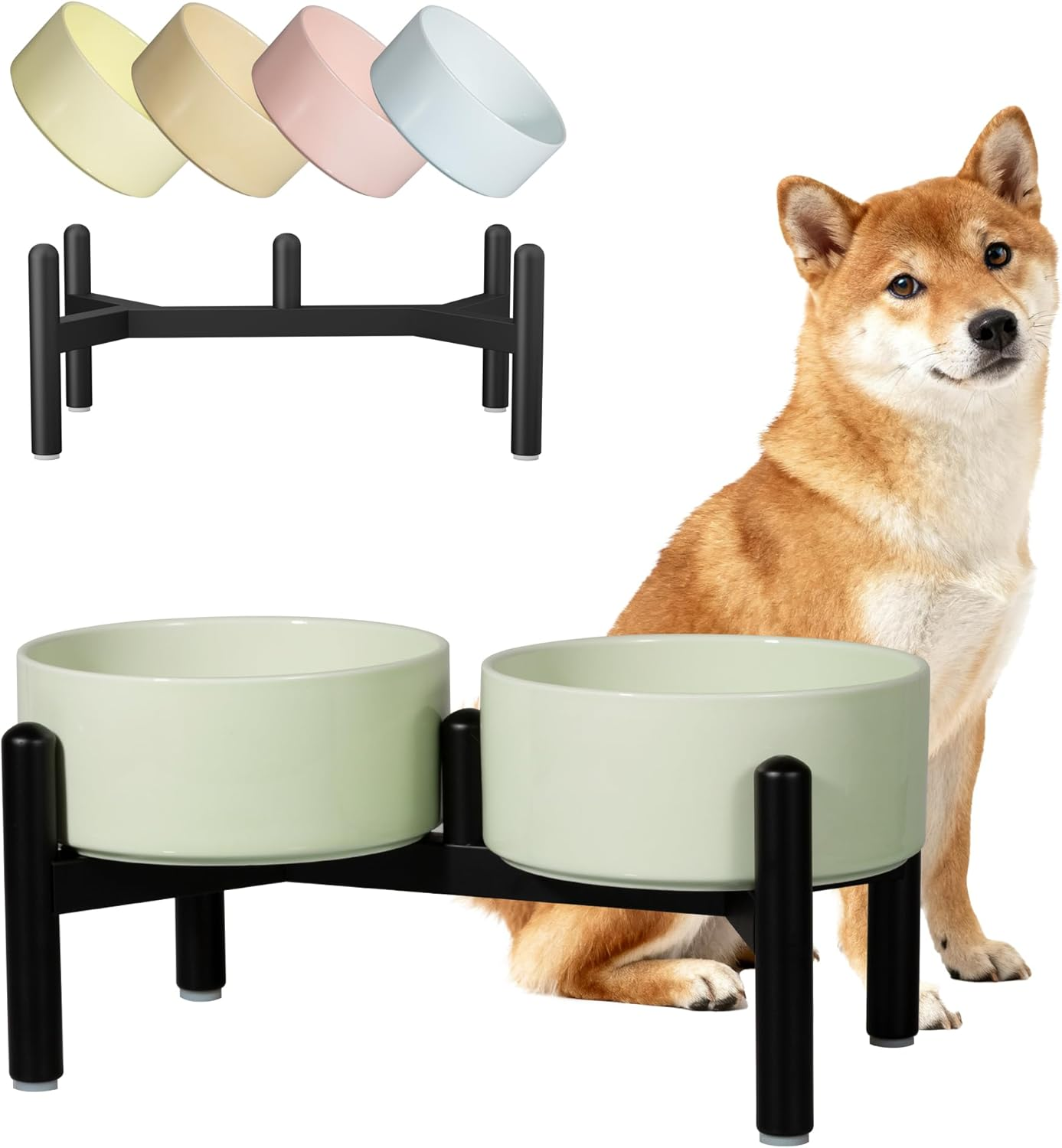 Ceramic Elevated Dog Bowl Set - Dog Feeder Station with Cute-Style Double Bowls for Small and Medium Size Breed - Non-Slip Raised Dish for Food and Water Feeding- 6 Inch - 3.5 Cups / 20 Fl Oz - Khaki