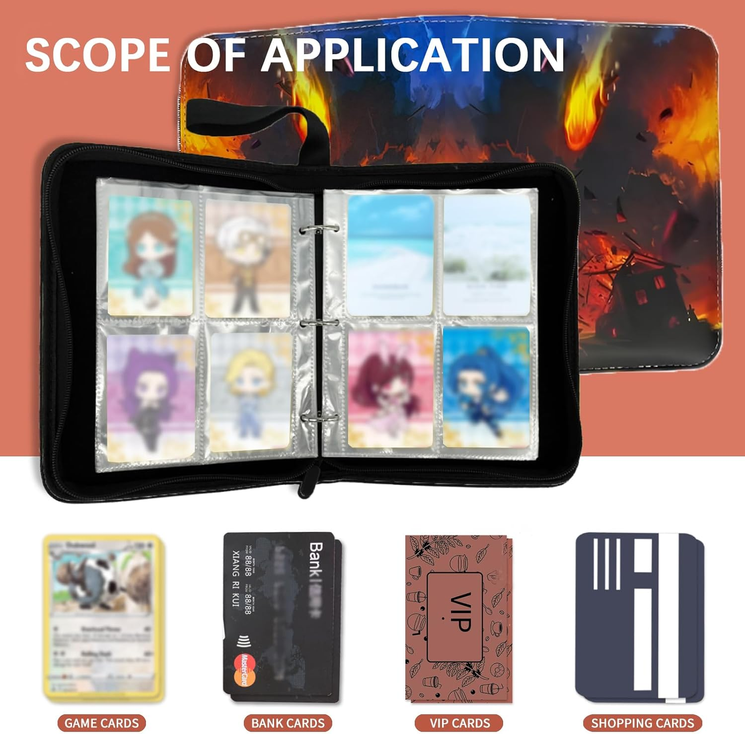 Trading Card Binder, Cards Holder 400 Pockets Card Folder with Zipper 50 Pages Removable Sleeves for Card Collection, Game Boy Girl Birthday Gifts Cool Loose-Leaf - Red image number 3