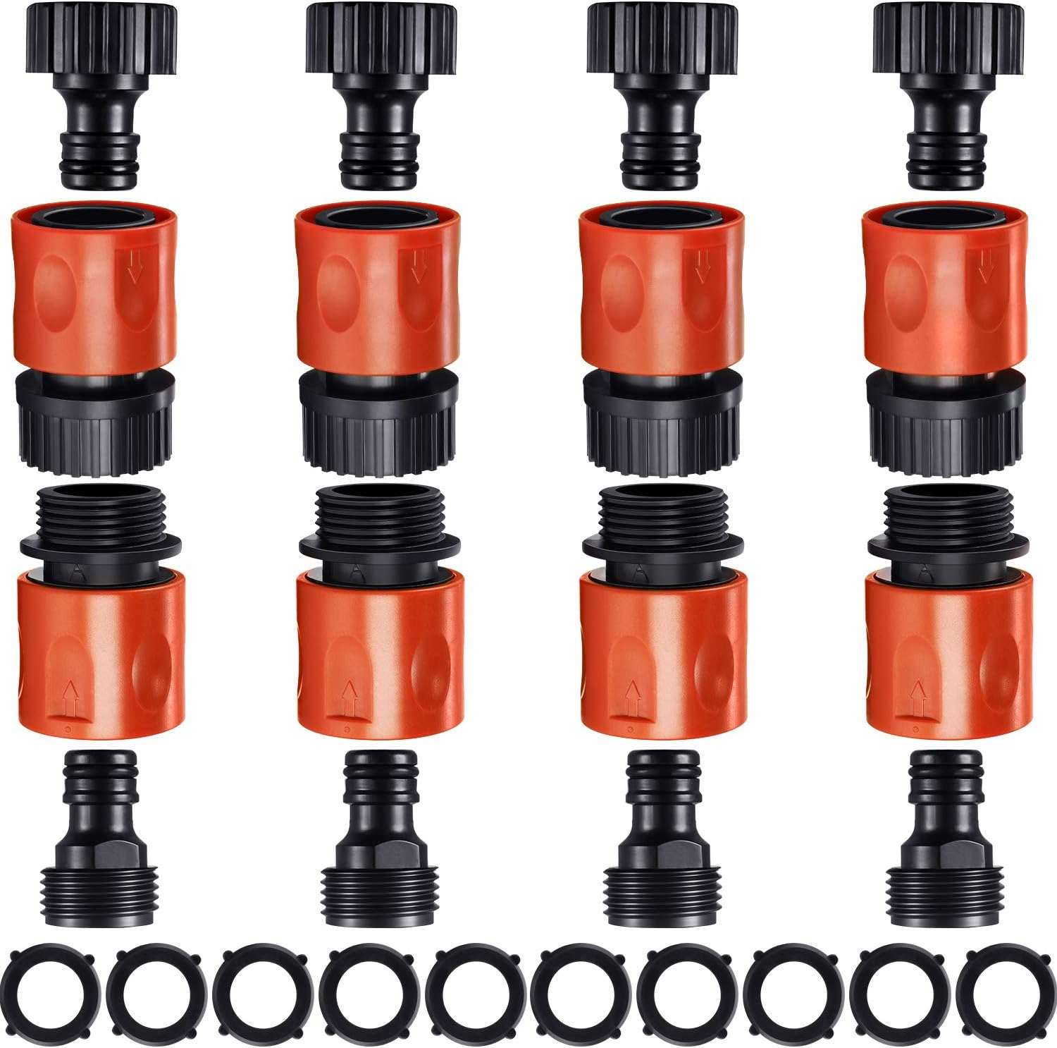 16 Pieces Garden Hose Quick Connector 3/4 Inch Plastic Water Hose Fittings Male and Female Connectors End Adapters with 10 Pieces Rubber Gaskets(Red, Black)
