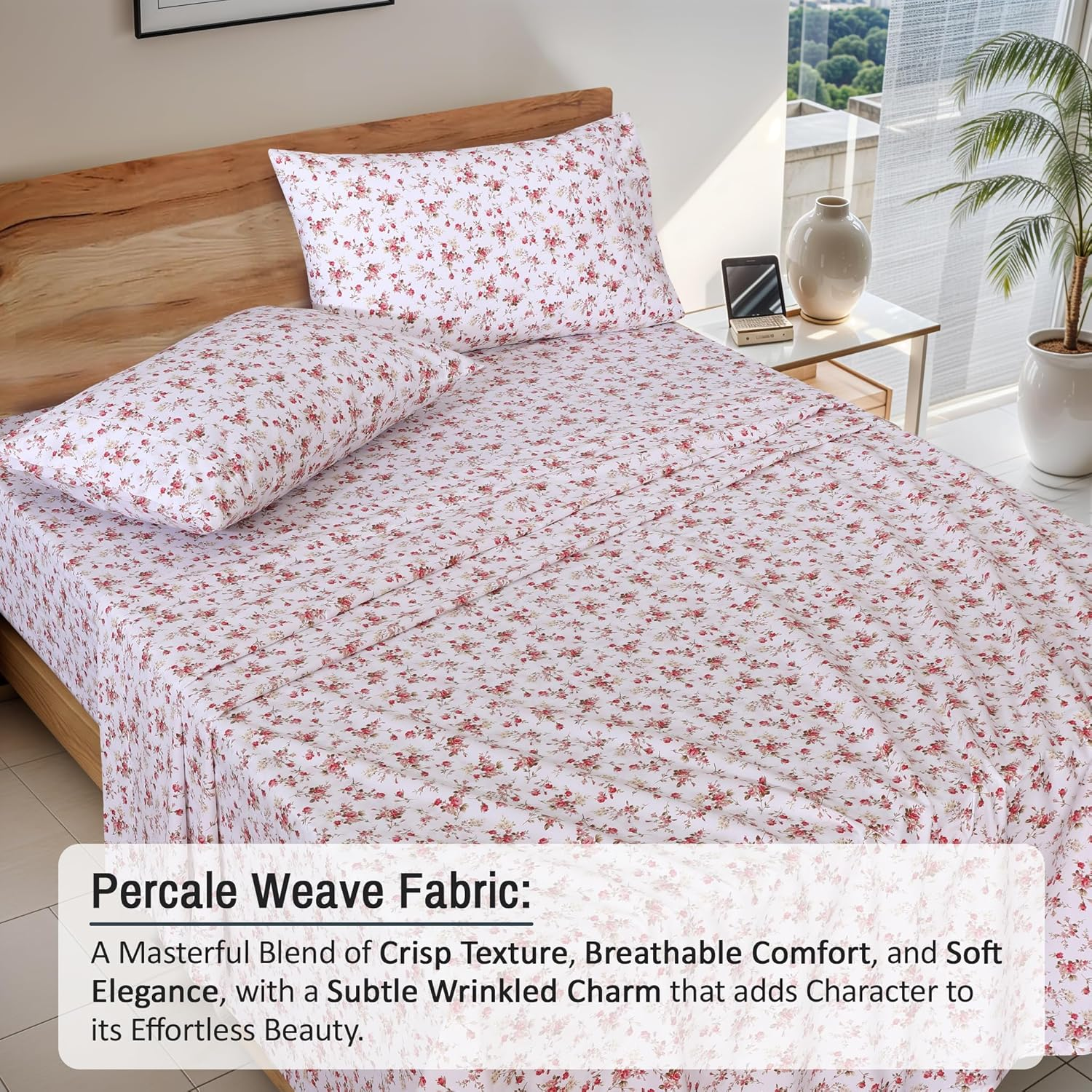 RUVANTI 100% Cotton King Size Sheets Set, 4 Pieces, Soft & Breathable Percale Weave Bedding, Deep Pocket 16", Hotel Standard, Crisp Cool Feel, Durable, Perfect Floral Bed Sheet, Bouquet image number 1