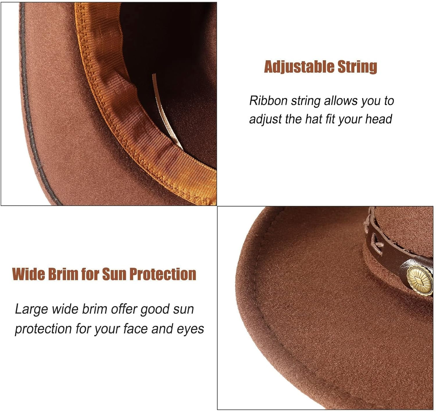 Classic Western Cowboy Hat for Men Women, Wide Brim Felt Fedora Cap, Vintage and Cool Western Style, Sun Protection and Comfort image number 2