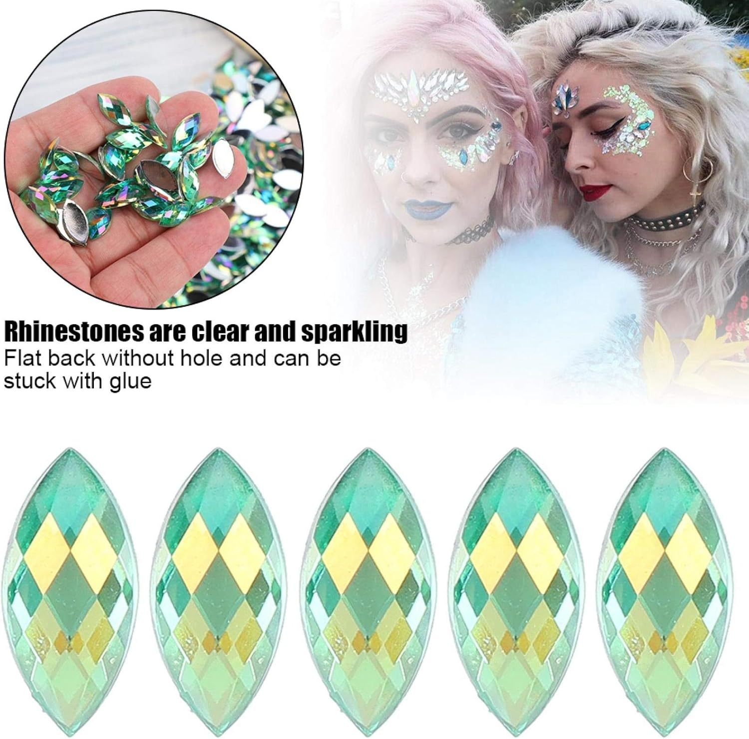 Pack of 500 Shiny AB Rhinestones Flat Back Horse Eye Crystal Rhinestone Light Green Gemstones Decorations for DIY Accessories 7 X 15 Mm