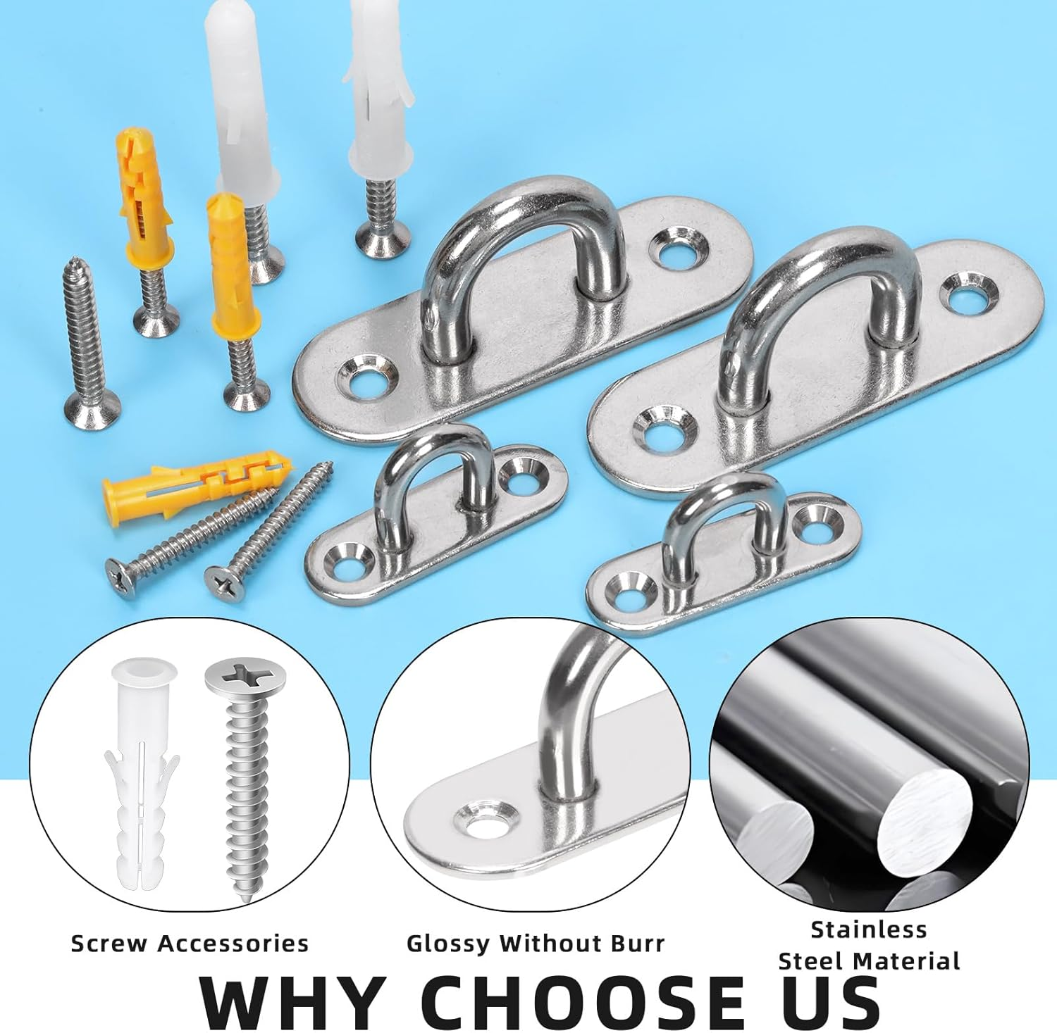 Glarks 20Pcs M5 Stainless Steel Pad Eye Plate Hook Kit, Oval Eye Plate U Hooks Heavy Duty Ceiling Hooks and Carabiner Clips Snap Hook for Ceiling and Mounting Hanging Hardware image number 5