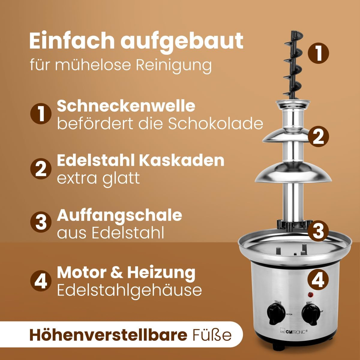 Clatronic&reg; SKB 3248 Chocolate Fountain with Excellent Chocolate Flow, for Fruits and Pastries, Easy to Clean, Chocolate Fountain with Melting Function, Small Chocolate Fountain image number 6