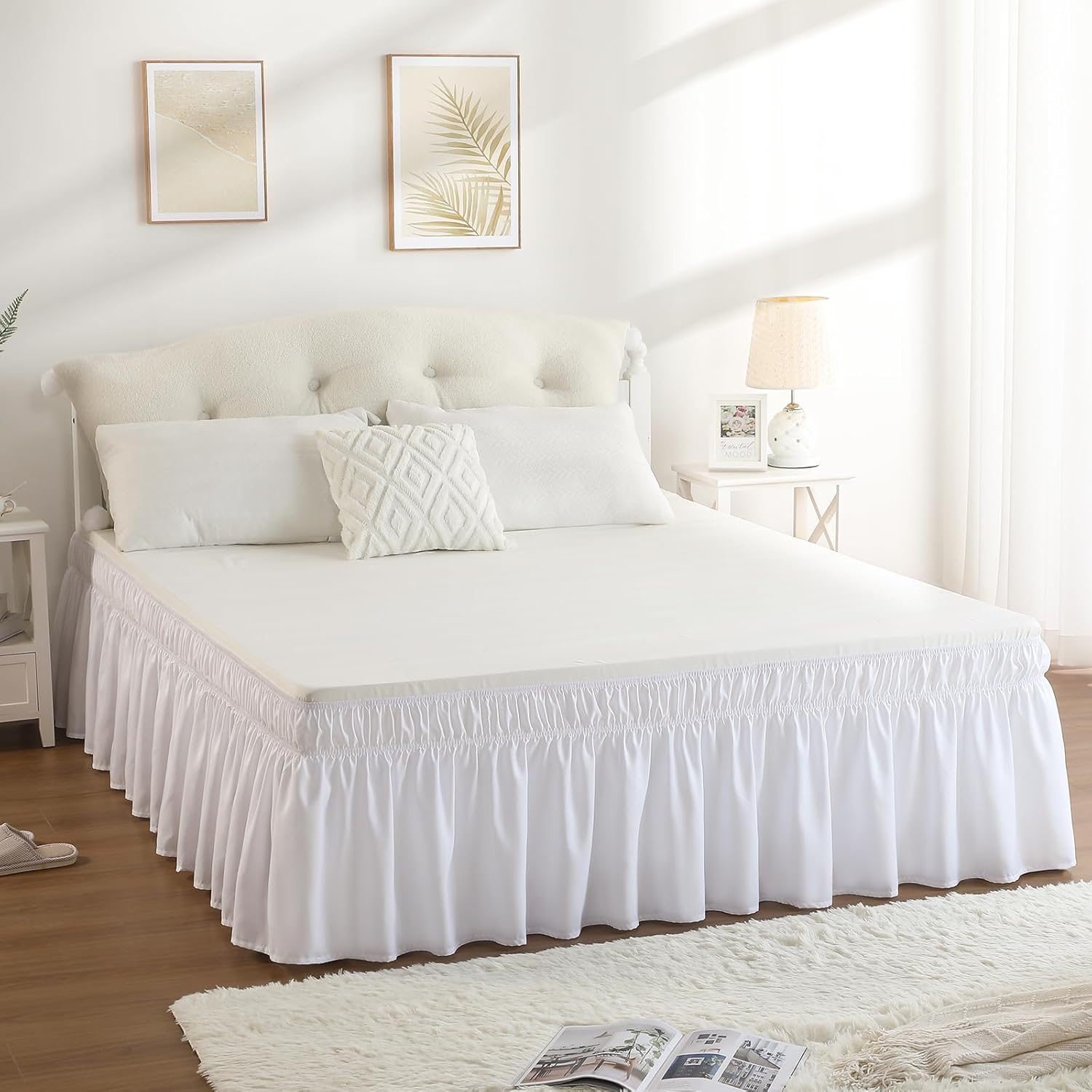 Bed Skirt Queen Size White Bed Skirt 14 Inch Drop, Wrap around Elastic Adjustable Bedskirt, Dust Ruffle for Bed Frame & Box Spring Soft Durable Fabric Machine Washable Easy to Install image number 7