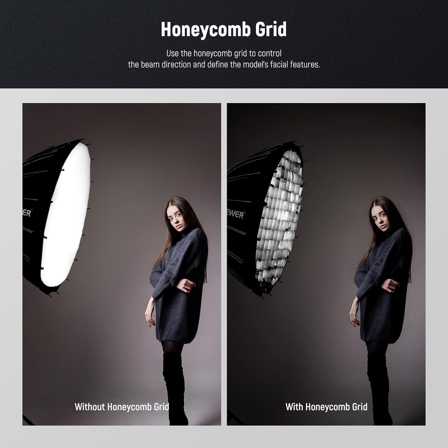 NEEWER 33Inch/85Cm Parabolic Softbox Quick Set up Quick Folding, with Diffusers/Honeycomb Grid/Bag, Compatible with Aputure 120D Light Dome Godox Sl60W NEEWER RGB CB60 and Other Bowens Mount Lights