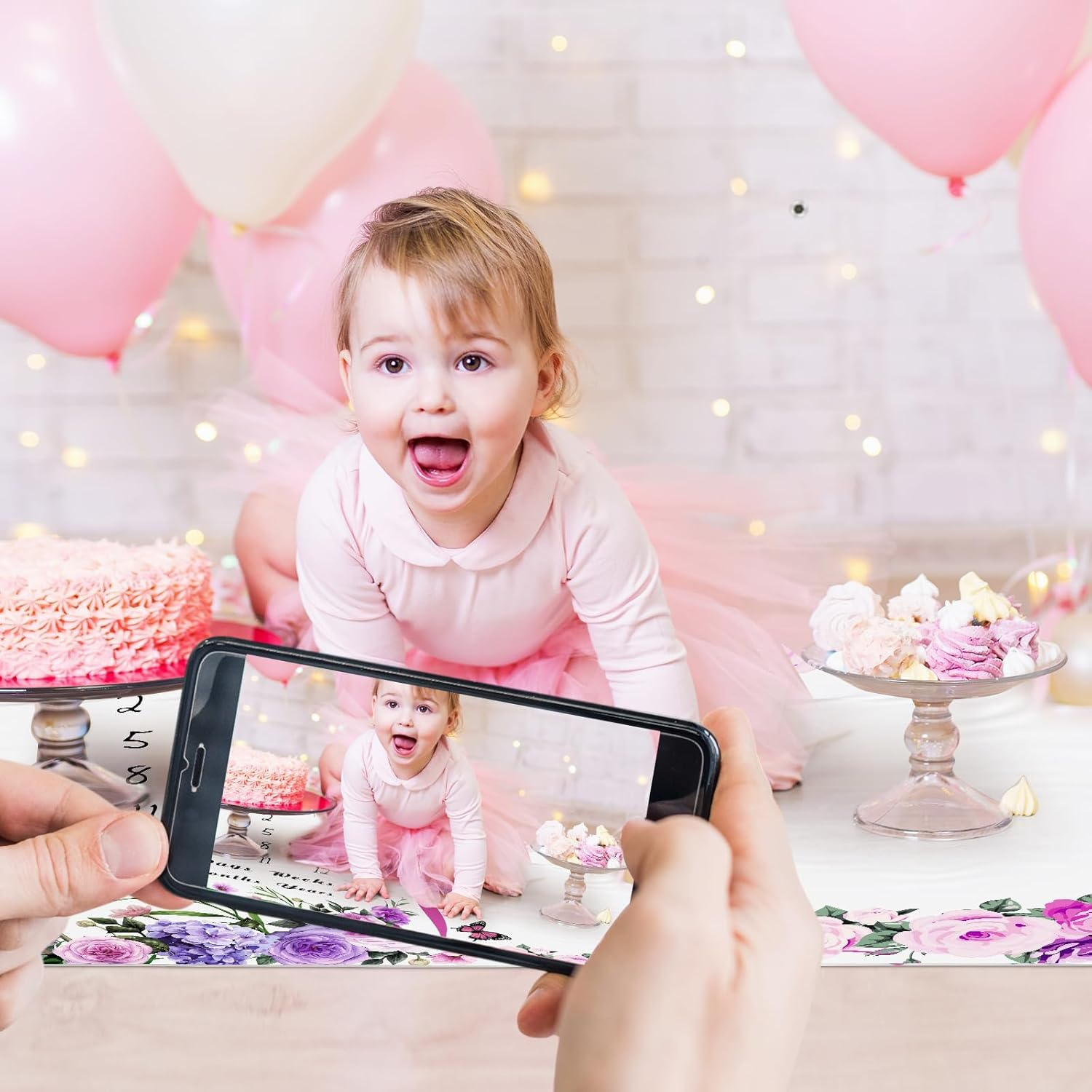 Baby Monthly Milestone Blanket for Baby Girl 59"X39" Floral Photo Prop Age Milestone Blanket with 2 Felt Floral Wreath Frame(Purple,Flower) image number 2