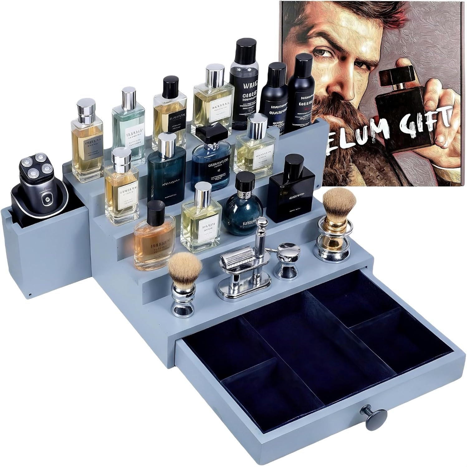 Classic Wooden Cologne Organizer for Men 3 Tier Black | High Grade Velvet Lining and Stylish Gift Box | Uncluttered Design Perfume Display Stand Gift Idea | SELUM