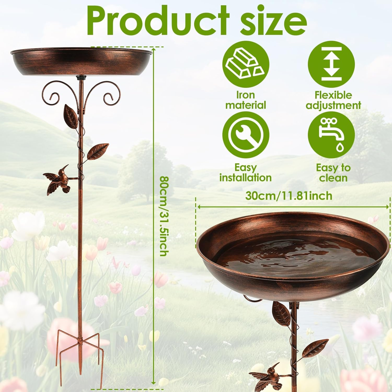 Standing Metal Bird Bath, 30 X 80 Cm, Garden Standing with Metal Stake, Water Bath for Birds, Retro, Frost-Proof, Winterproof, Bird Bath for Birds, Outdoor, Garden, Yard, Lawn (Retro) image number 3