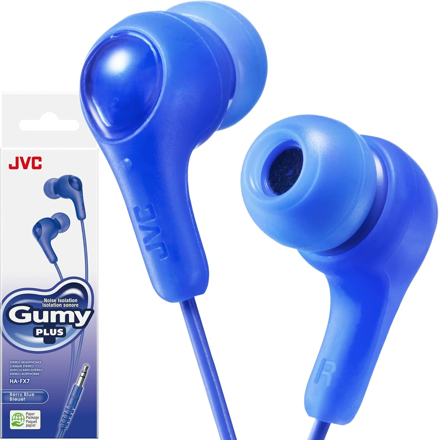 JVC Gumy in Ear Earbud Headphones with Paper Package, Powerful Sound, Comfortable and Secure Fit, Silicone Ear Pieces S/M/L - HAFX7BN (Black)