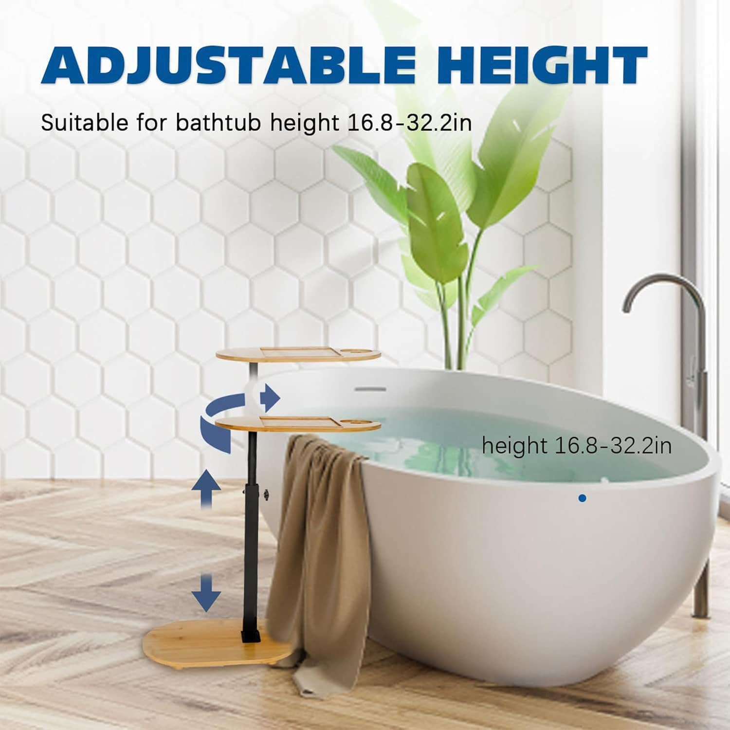 Bamboo Bathtub Tray Table, Height Adjustable & 360&deg; Rotated with Wine Glass Phone Holder for Home Spa image number 5
