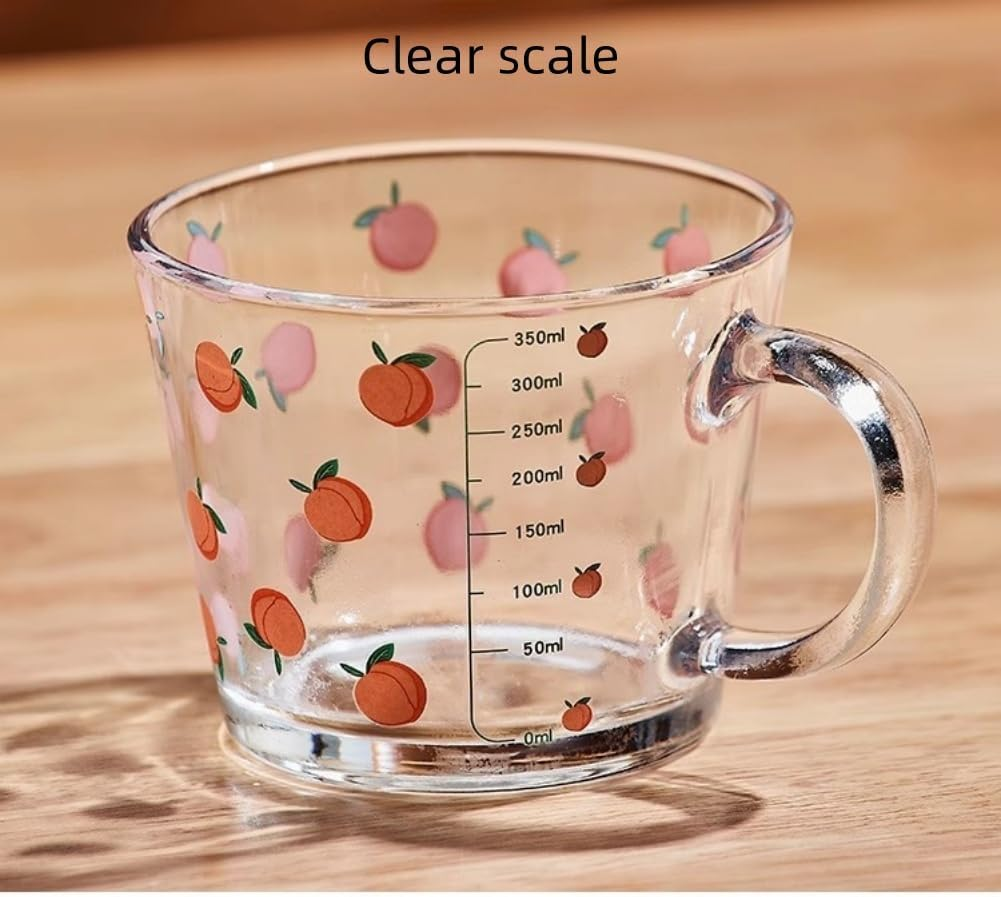 12 OZ Kawaii Mug Peach Glass Cup with Measurements,Glass Coffee Mug Cup with Handle for Coffee,Latte,Juice,Milk,Yogurt,Dessert,Tea,Breakfast Oatmeal Cup