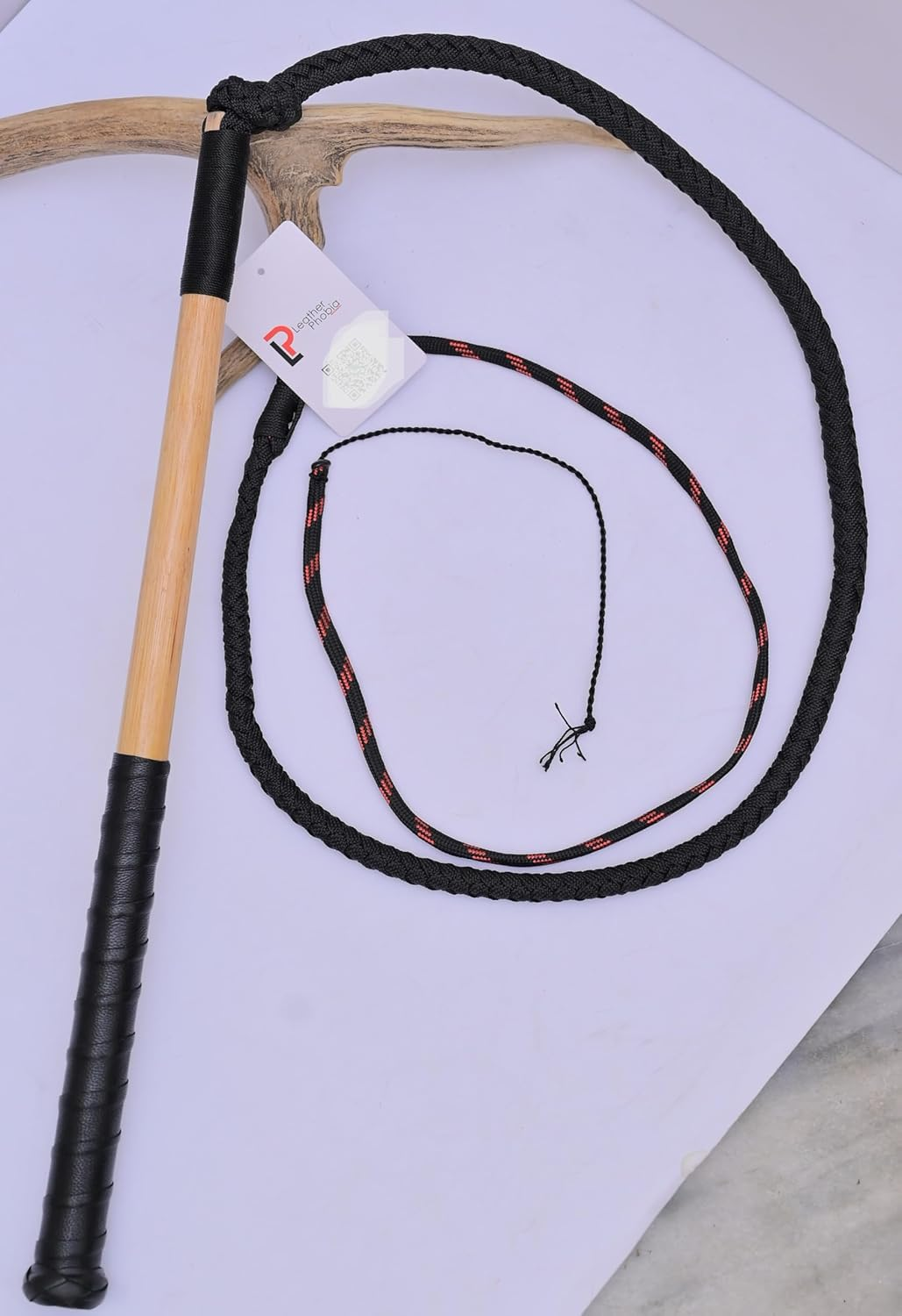 Stock Whip 7 Ft Long and 12 Plaits Leather Phobia Black and Red Para Cord Nylon Indiana Jones Equestrian Whip Bull Whip image number 2
