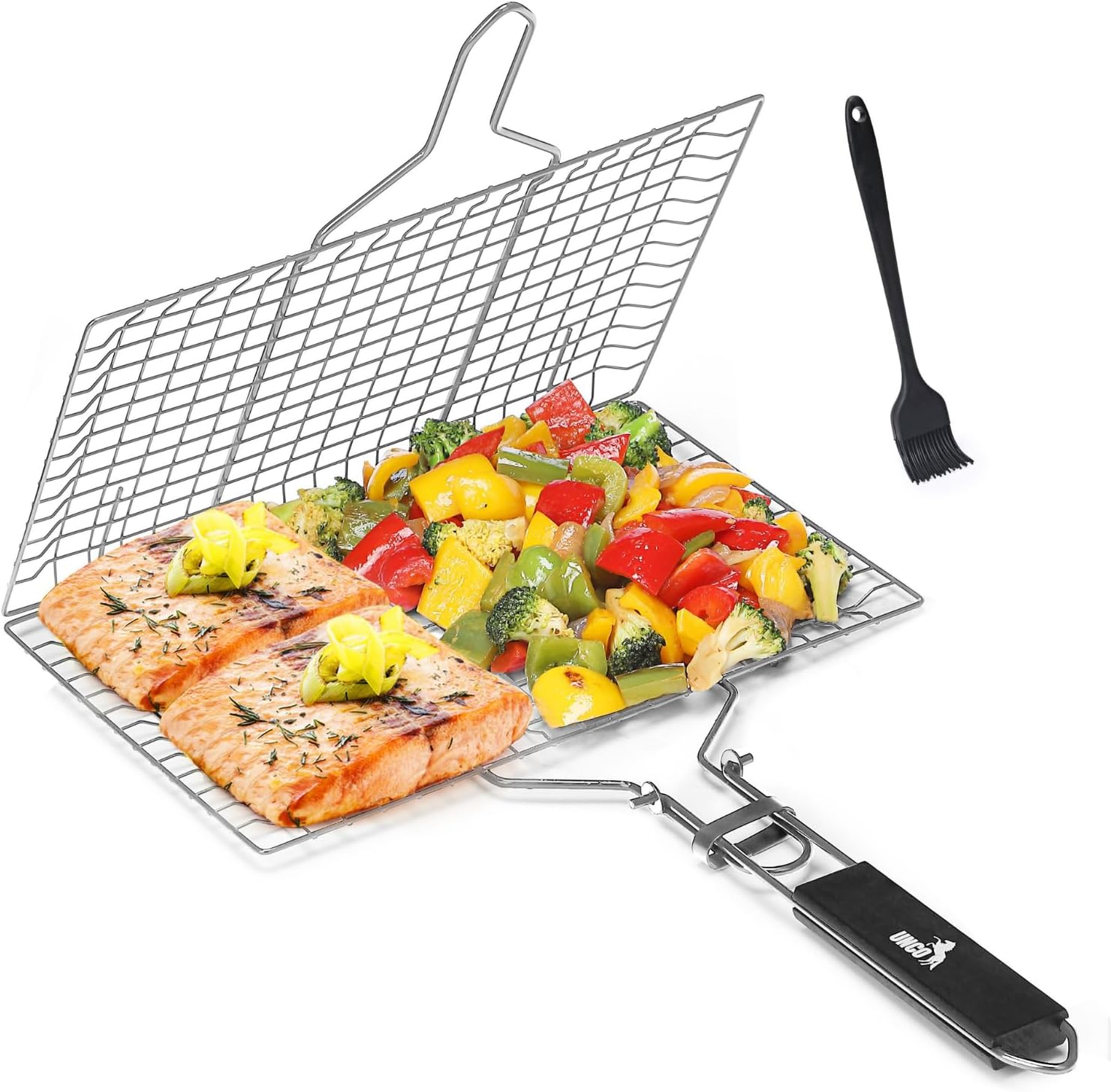 UNCO- Grill Basket, Stainless Steel, Silicone Brush, Fish Grill Baskets for Outdoor Grill, Vegetable Grill Basket, BBQ Grill Basket, BBQ Basket, Grilling Basket, Fish Basket for Grilling, 4Th of July image number 6