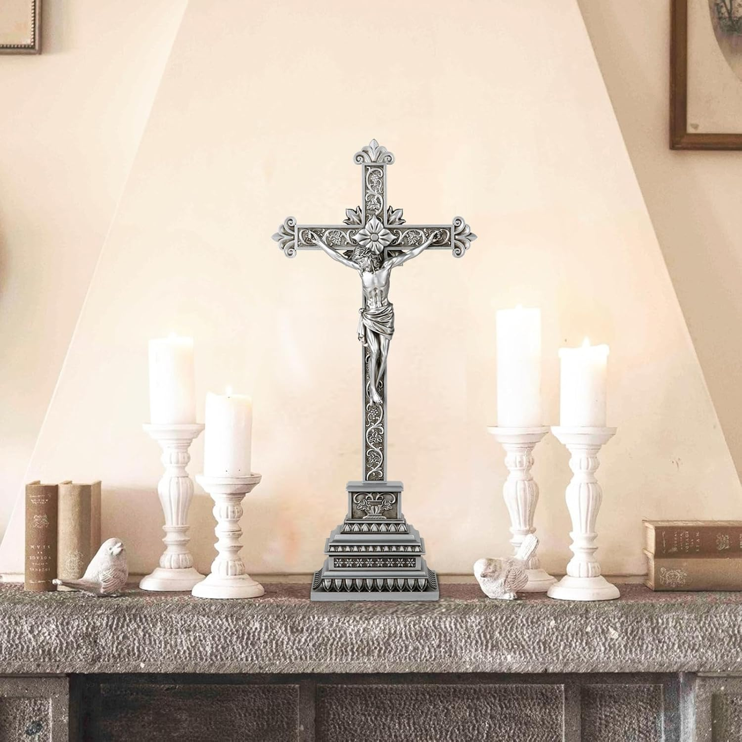 Standing Crucifix - 16 Inch Jesus Cross with Base for Home Table Decor, Silver Crucifix Standing Cross Catholic Wedding Altar Religious Gifts image number 2