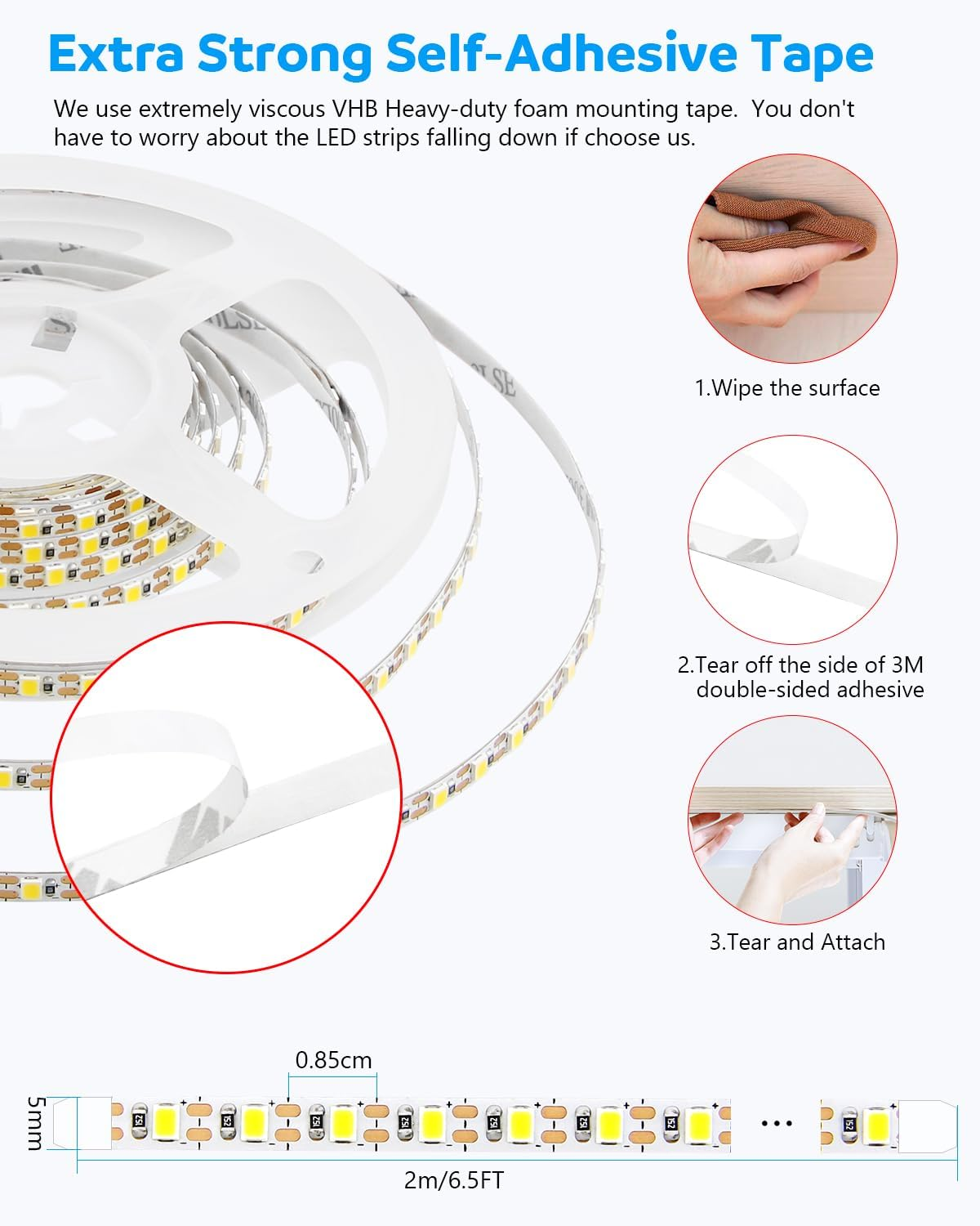 Aclorol LED Strip Light 2M Cool White USB Dimmable LED Strip Light for Bedroom with 1.5M Long Cable Cuttable for under Cabinets Cupboard Computer Desk Ambient Lighting 5Mm Width 6000K image number 3