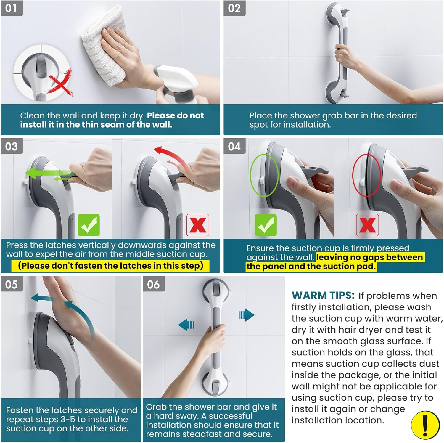 TAILI Grab Bars for Bathtubs and Showers 2 Pack Suction Grab Bar, Heavy Duty Shower Handle Removable Bath Handrails for Seniors and Elderly, Bathroom Safety Grip No Drilling Waterproof,Grey image number 2