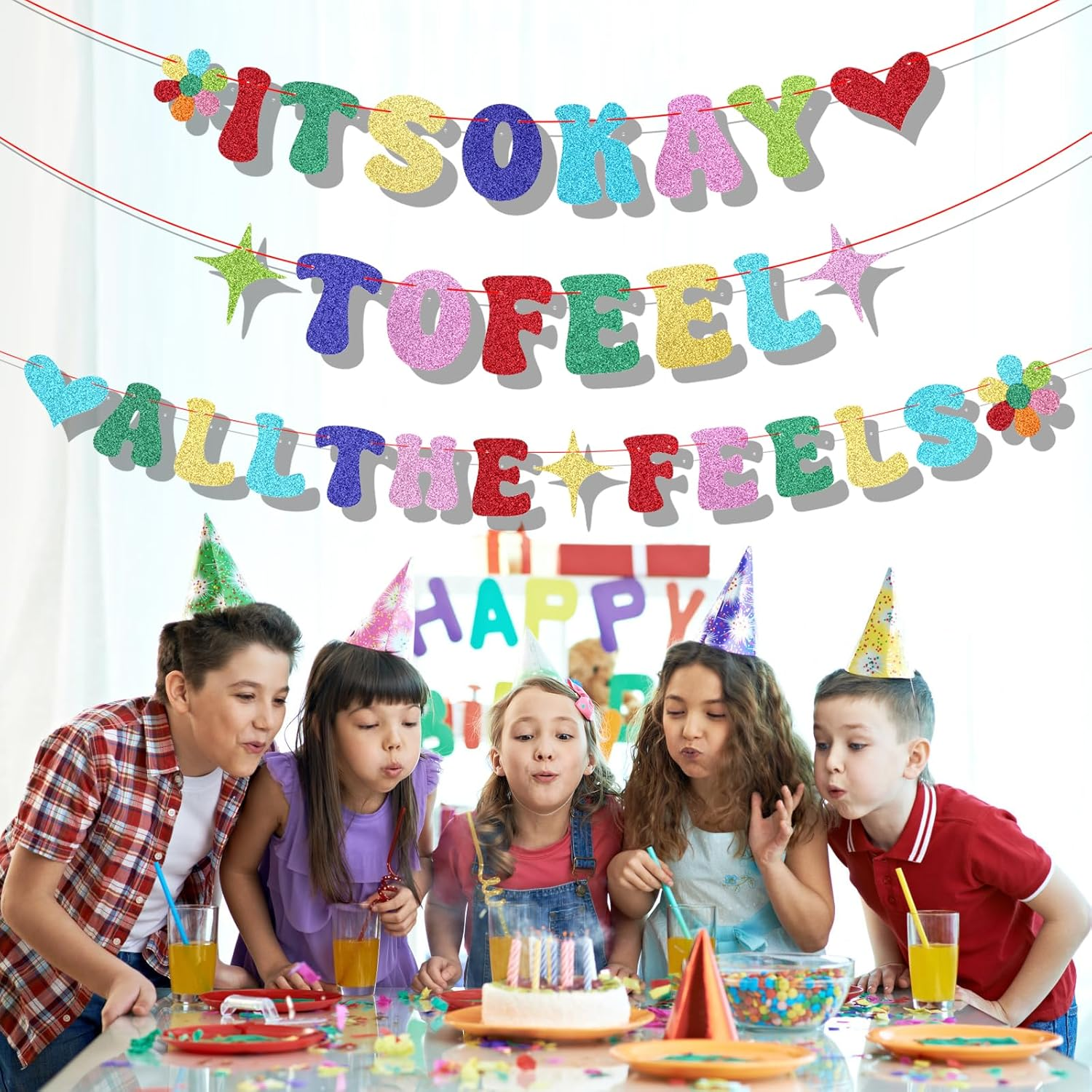 Inside Birthday Party Decorations Banner, Pre-String Glitter It'S Okay to Feel All the Feels Banner Colourful Party Hanging Decoration for Fireplace Mantel Wall image number 3