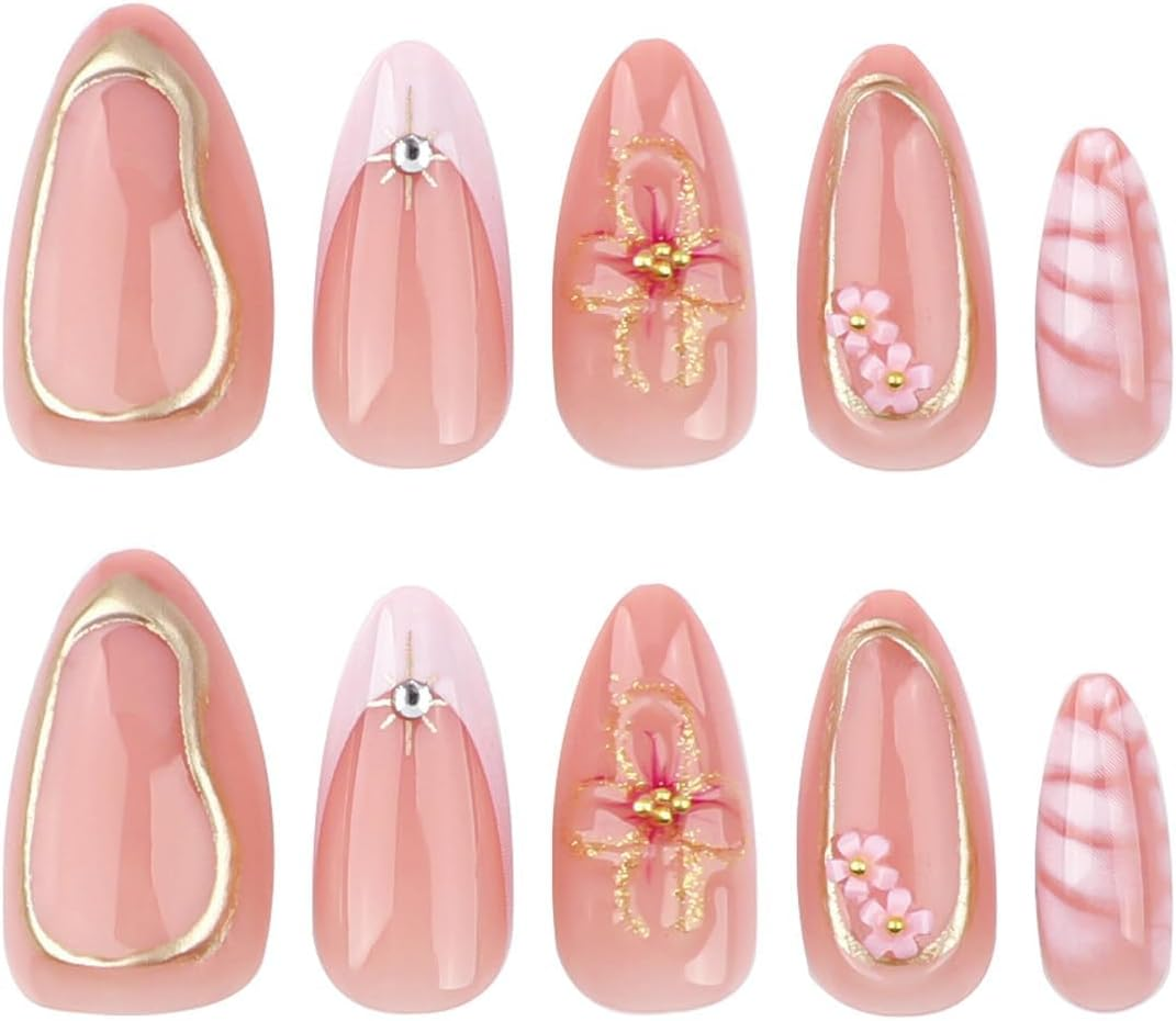 24 Pieces Press on Nails French Short Nails with Soft Gel Short Almond Nails Fake Nails with 3D Flowers & Pearls Adhesive Nails for Women image number 6