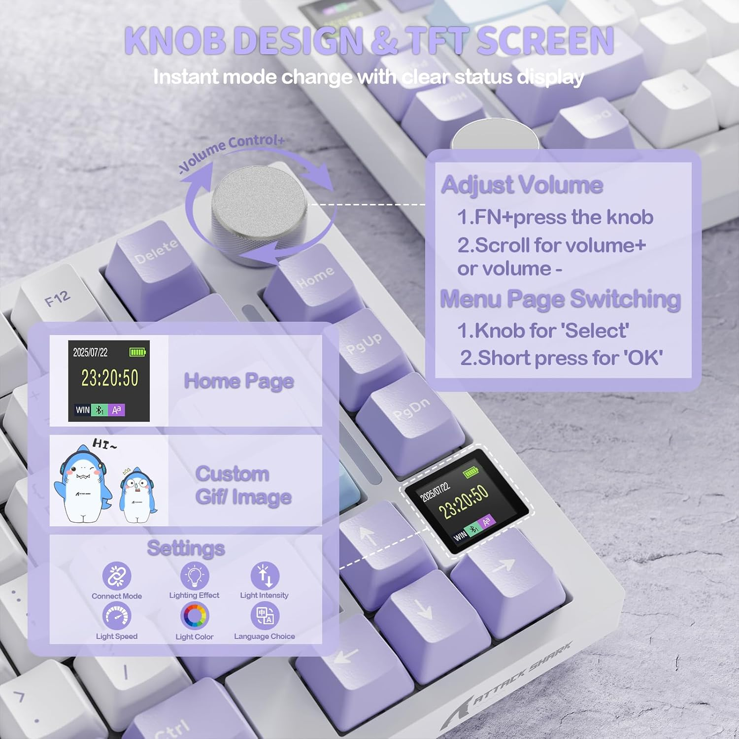 ATTACK SHARK X820 Ultra Wireless Gaming Mechanical Keyboard with TFT Smart Display&Knob,75% Hot Swappable Custom Gasket-Mounted Keyboard,Tri-Mode(Wire/2.4Ghz/Bt)-Starlight White&Gift Switch