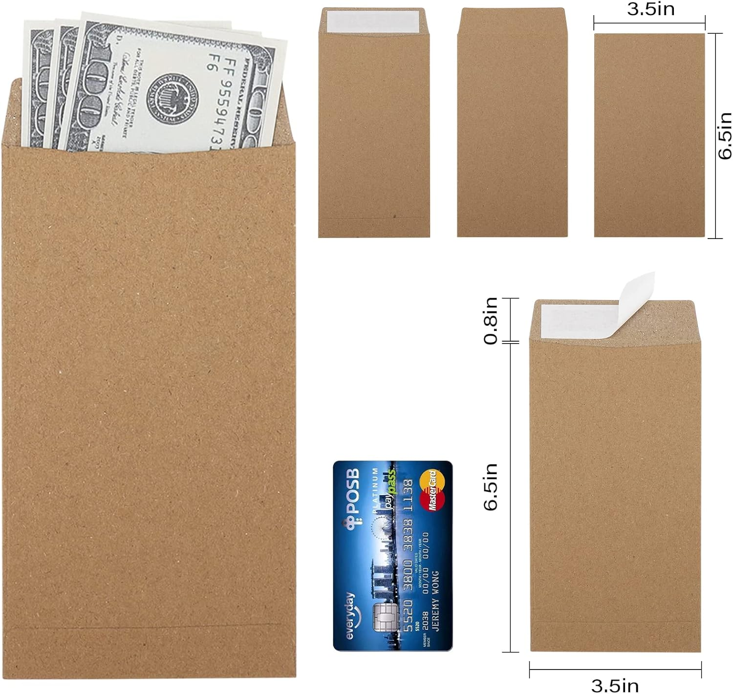 100 Pack Cash Envelopes Self Adhesive 6.7X3.5 Inch, Fit for Envelope Money Saving Challenge, Kraft Paper 120 GSM Thick Money Envelopes for Cash, Budgeting, Cash Tips, Check, Coin & Tickets image number 3