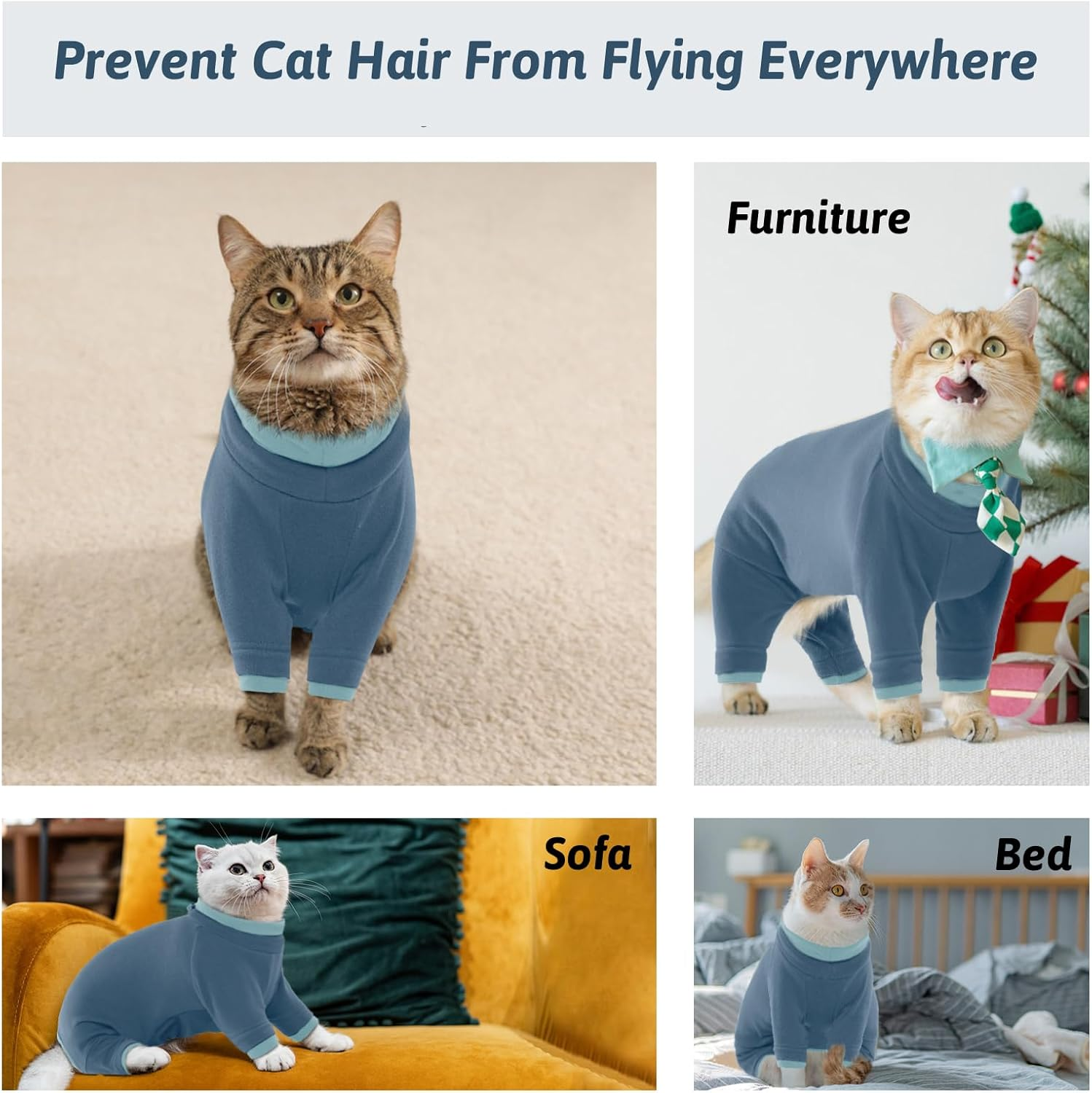 Cat Clothing, Cat Bodysuit after Surgery Post-Operative Clothing for Cats, Body Operation Recovery, Anti-Leaking, Long Sleeve, 4 Legs, Onesie, Cat Clothing, Shirts, 4-Legged (Blue-Grey, L) image number 3