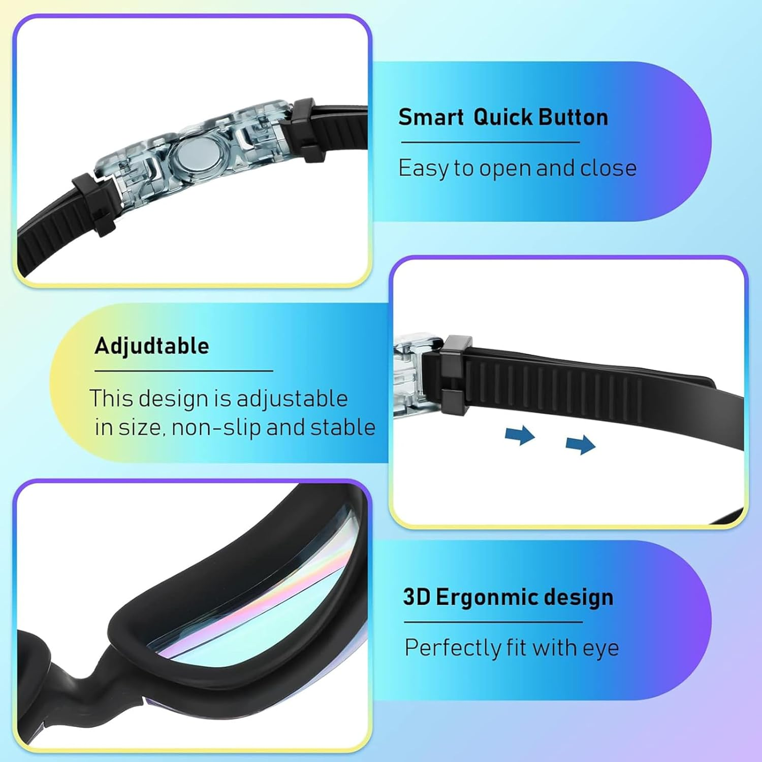 4 in 1 Swimming Goggles Set, Professional Swim Goggles HD Lenses, UV Protection No Leaking anti Fog,Adjustable Size Swim Goggles with Nose Clip,Swim Cap, Earplugs, Case,Suitable Adult/Children image number 3