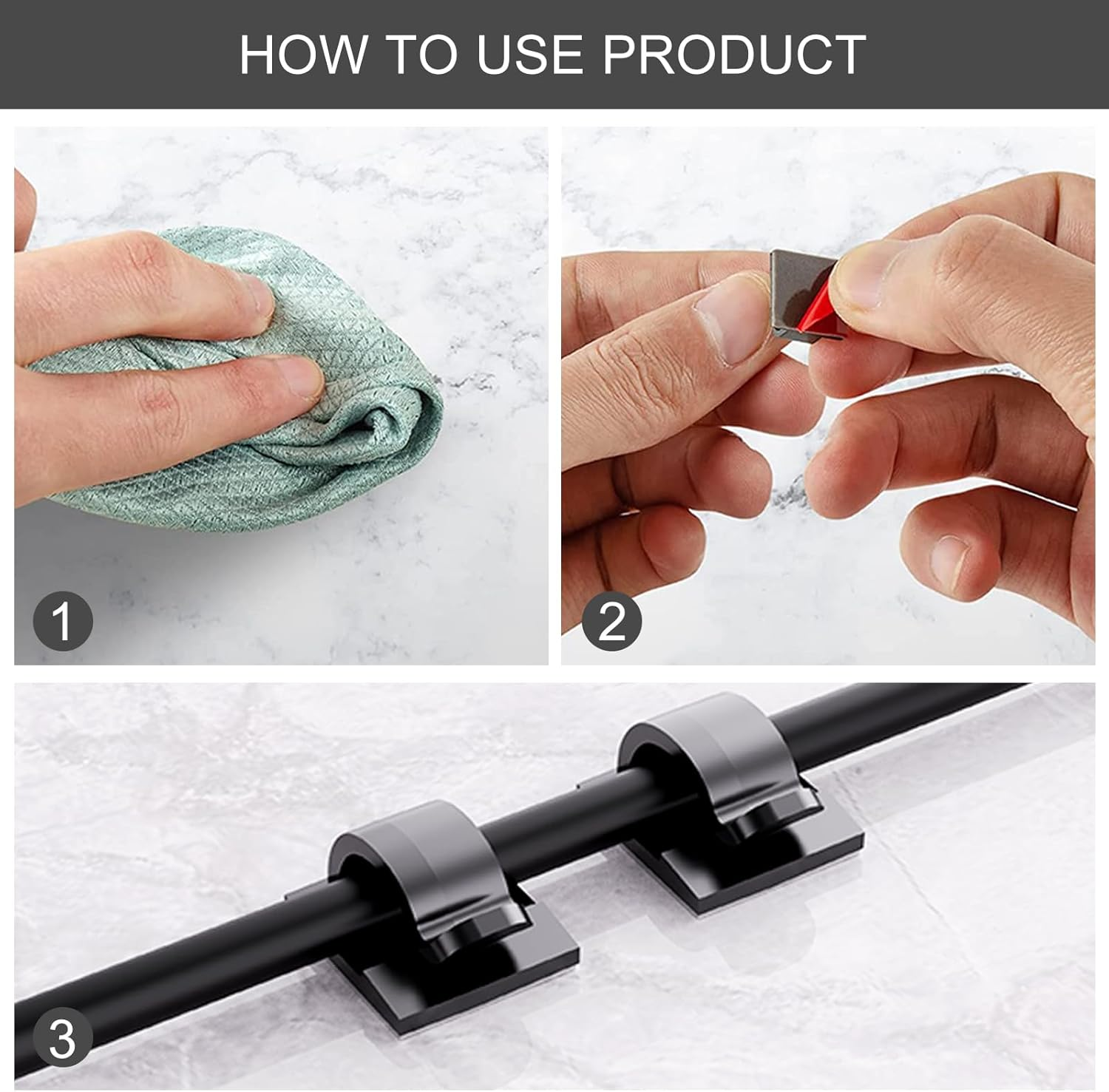 100 Pcs Cable Clips Self Adhesive，Cable Organiser for USB Charging Cable, Power Cords, Office Home Cable Holder for Cable Tidy Management, Christmas Light Hooks Fairy Light Decorations(Black） - Clear image number 3