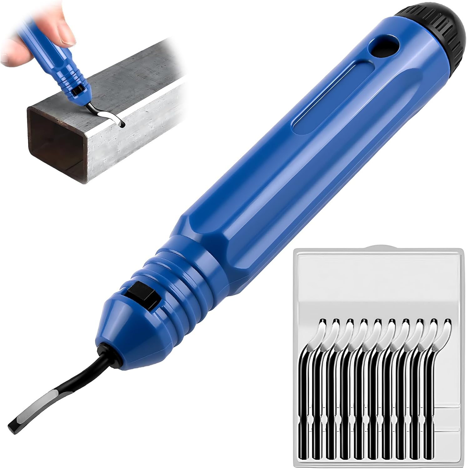 Deburring Tool Kit, Engraving Tools with 10 Pcs 360 Degree Rotary Replacement Blade, Removing Burr for Resin 3D Printing Metal Aluminum Copper Iron Brass Plastic