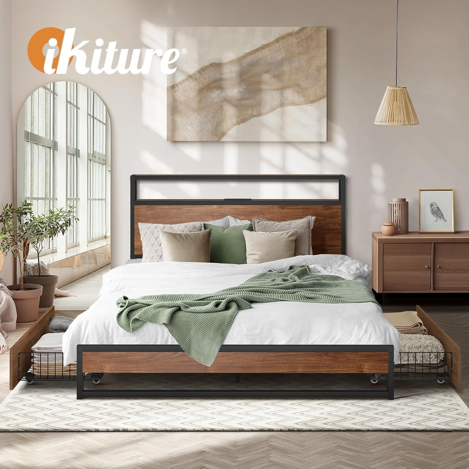 Oikiture 2X Bed Frame Storage Drawers with Wheels Metal Brown image number 3