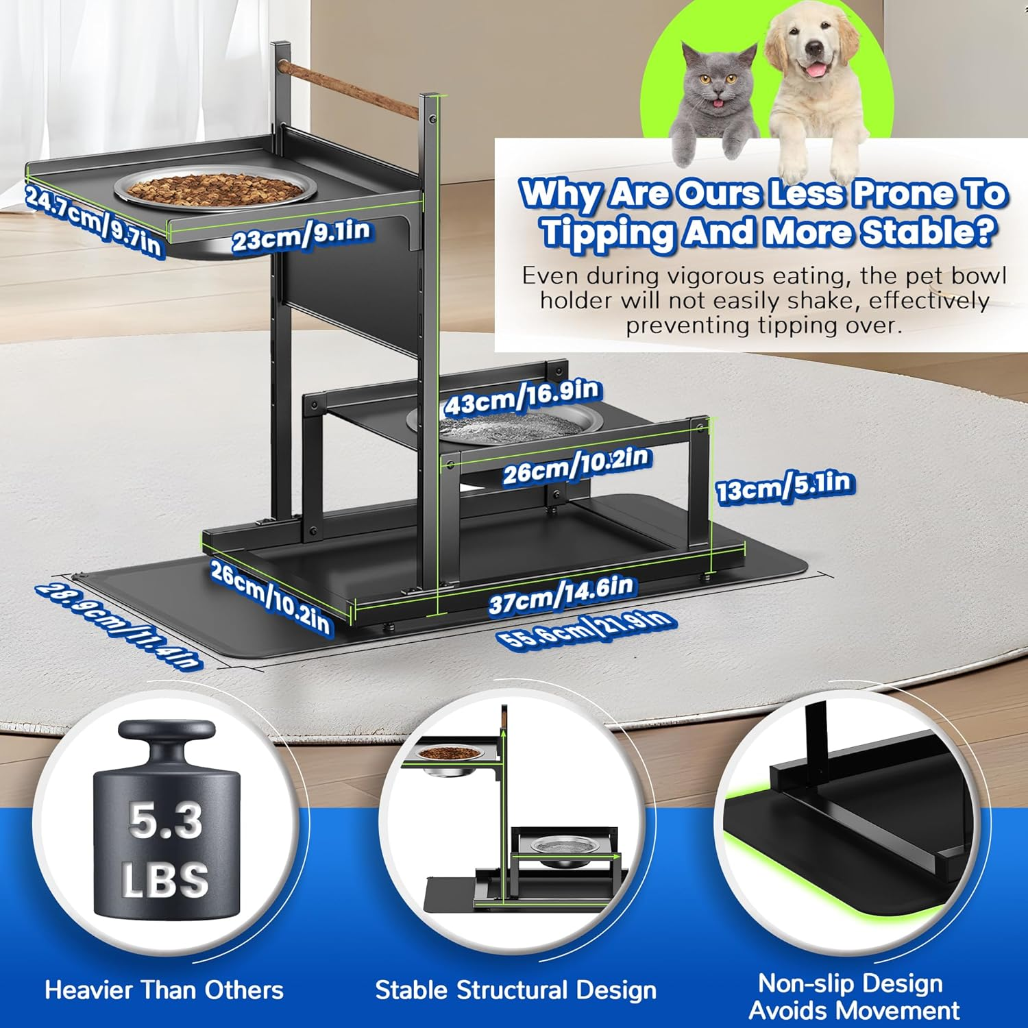 6 Height Adjustable Raised Dog Bowl Stand, Metal Elevated Dog Bowls for Medium Dogs with Independent Dog Feeding Mat, Dog Food Stands, Dog Feeder Station for Medium Small Dog (Black) image number 3