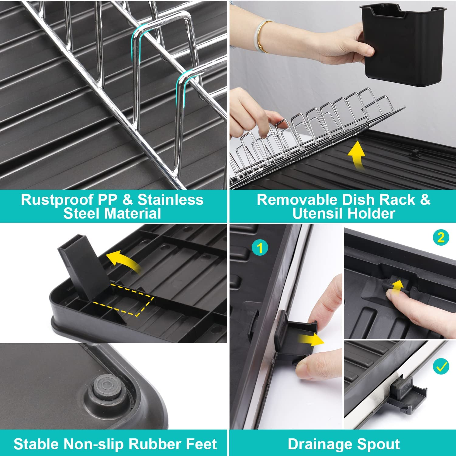 Dish Drying Rack Stainless-Steel Dish Sink Storage Rack with Movable Cutlery Drainer and Utensils Holder, 30CM - 51CM Expandable Dish Drainers for Kitchen Counter with Drain Spout image number 6