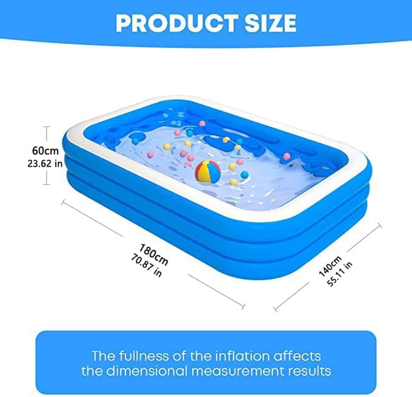 Kids Inflatable Playing Pool, 180Cm Kids Adult Family Rectangular Swimming Pool with Inflatable Soft Floor for Backyard, Garden, Indoor (Blue)