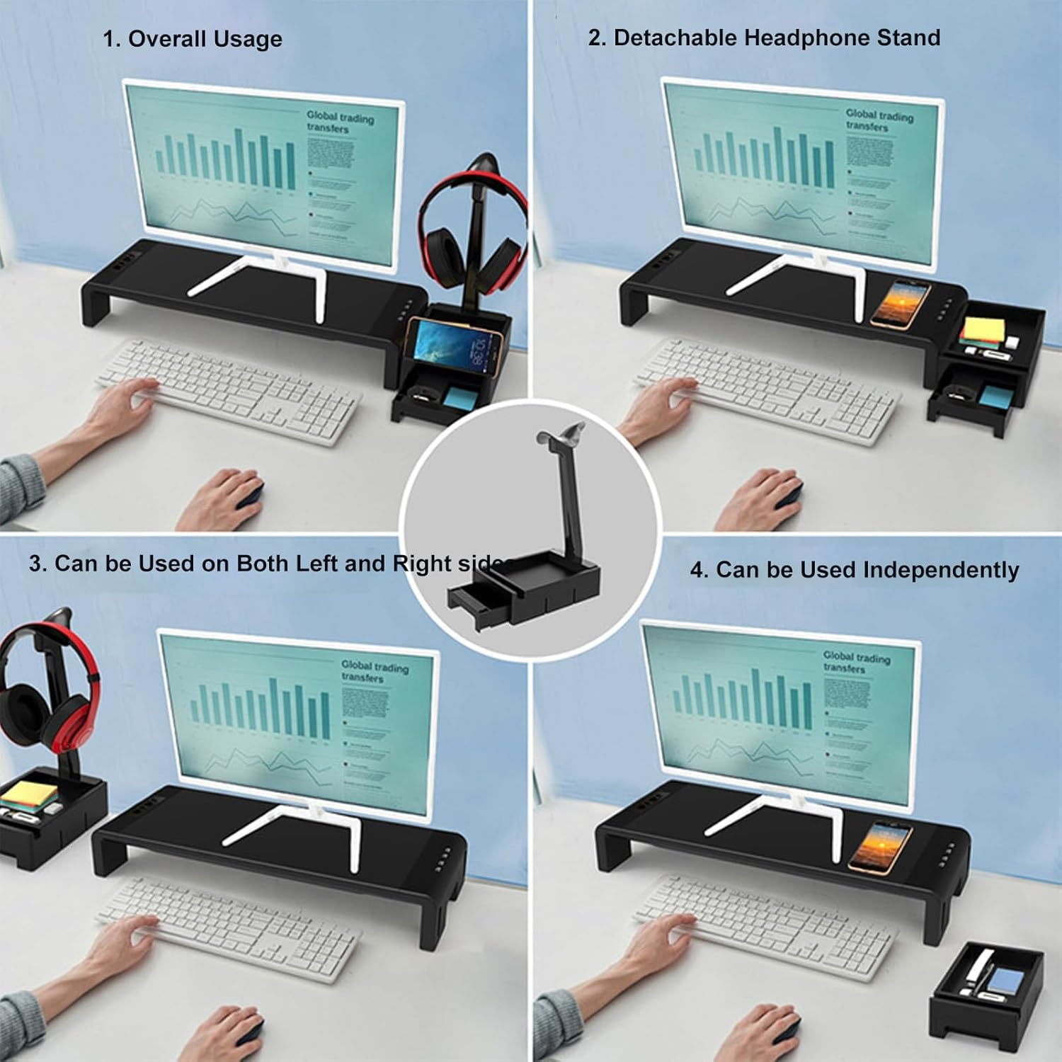 Monitor Stand Riser, Computer Monitor Stand for Desk, Height Adjustable Computer Stand, Desk Monitor Stand underneath Storage with Drawer Phone Stand Headphone Stand USB Port for Office image number 2