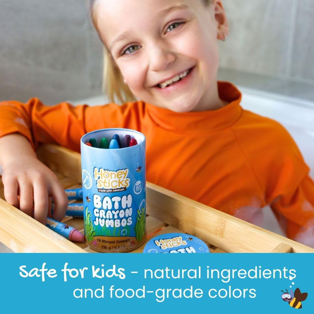 Honeysticks Jumbo Bath Crayons Non Toxic (16 Pack) for Toddlers 1-3 and Kids 4-8, Natural Beeswax Crayons, Food-Grade Colors, Fragrance Free, Non Irritating, Bath Toys for Bathtub, Shower, Gift image number 3